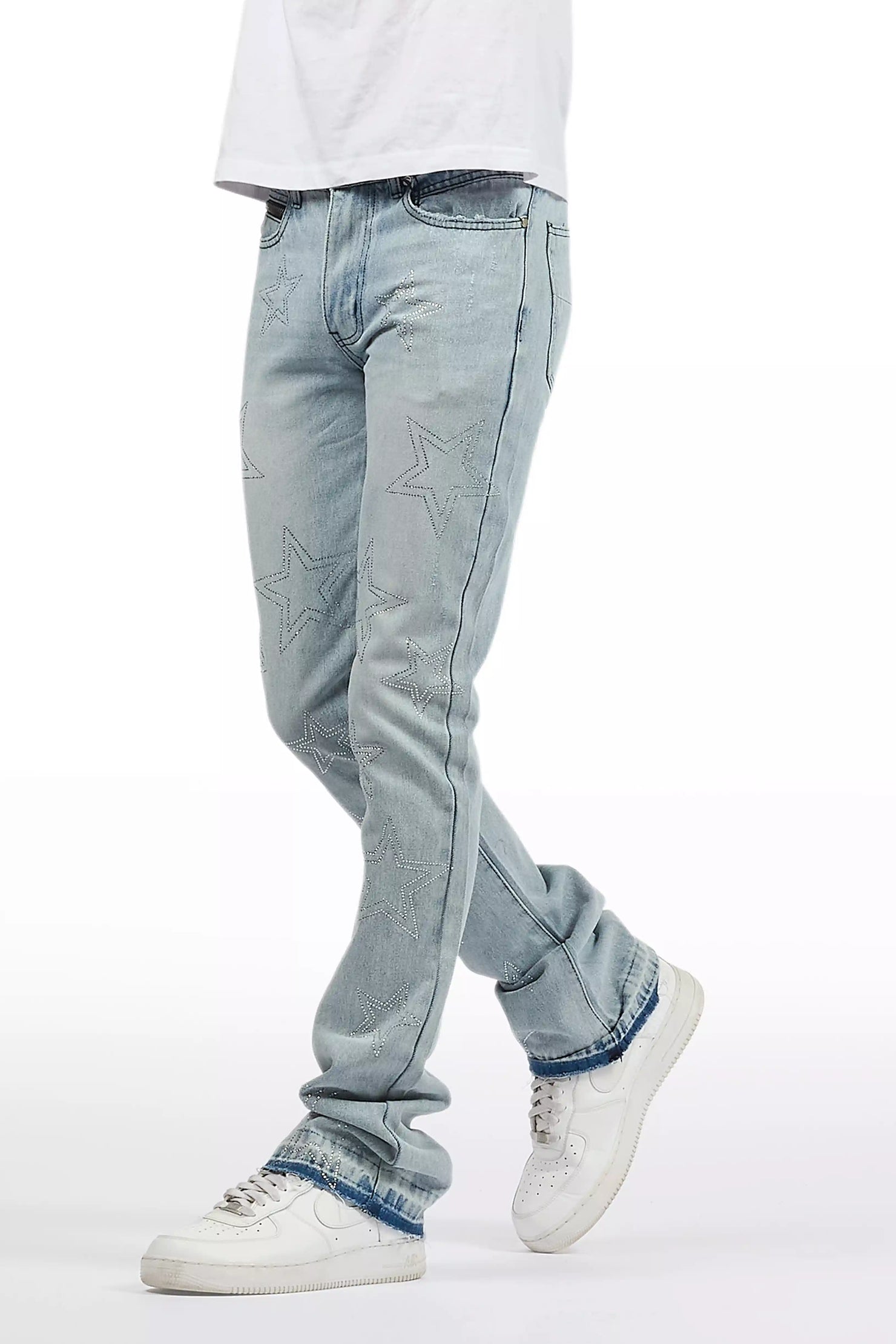 Kama Light Blue Rhinestone Stacked Flare Jean