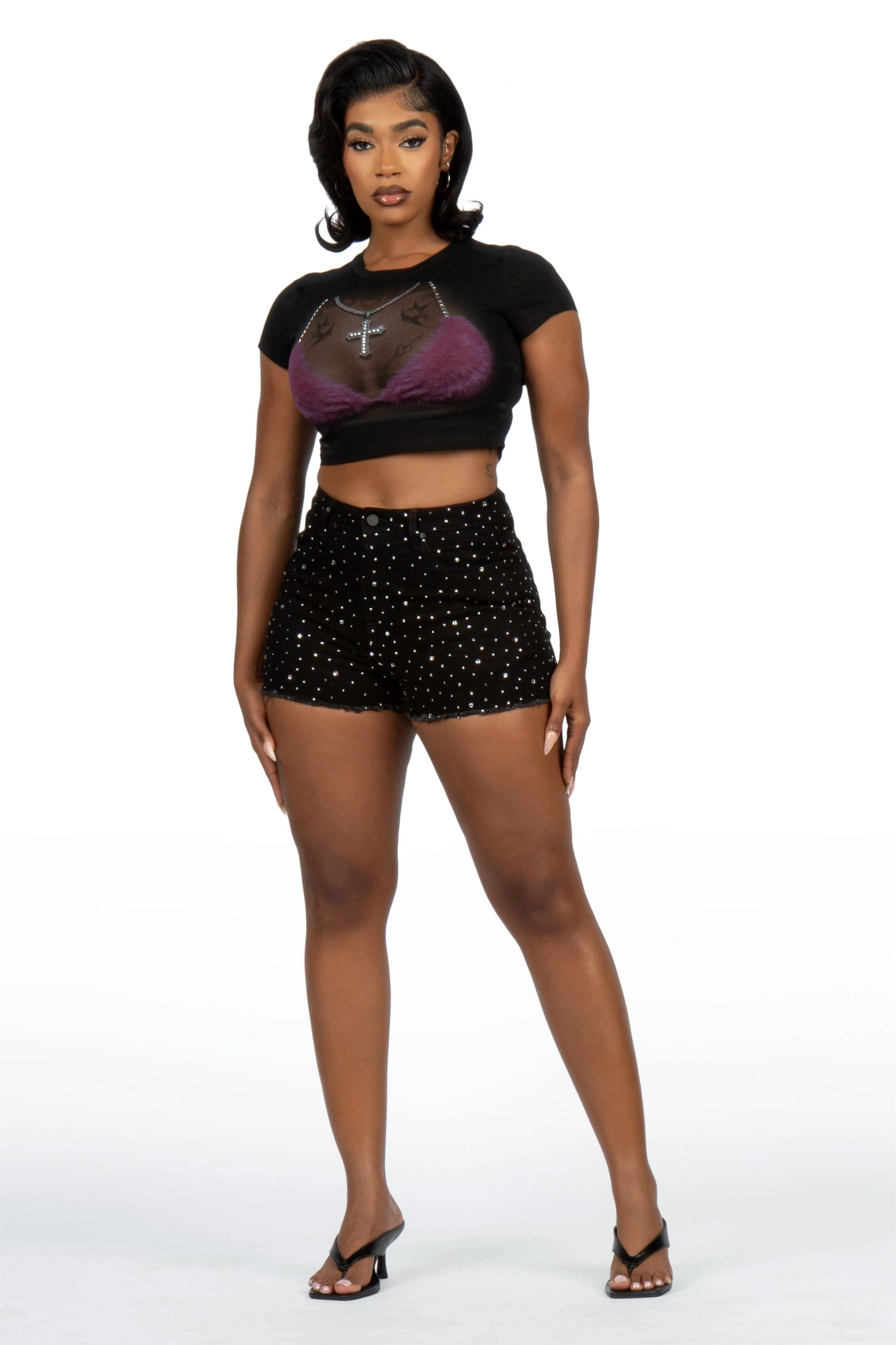 Kelle Black Rhinestone Booty Short