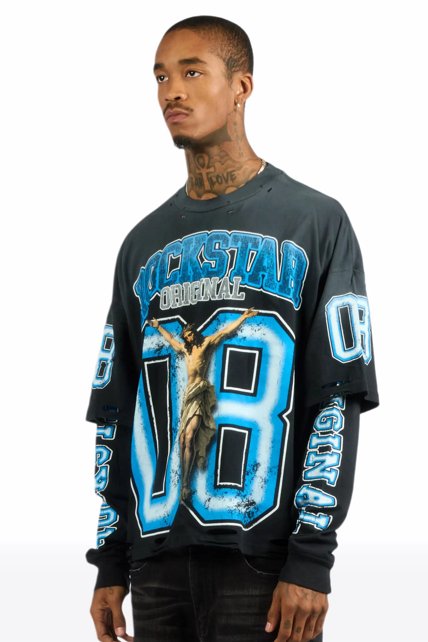 Fields Black/Blue Double Layer Long Sleeve Graphic T-Shirt