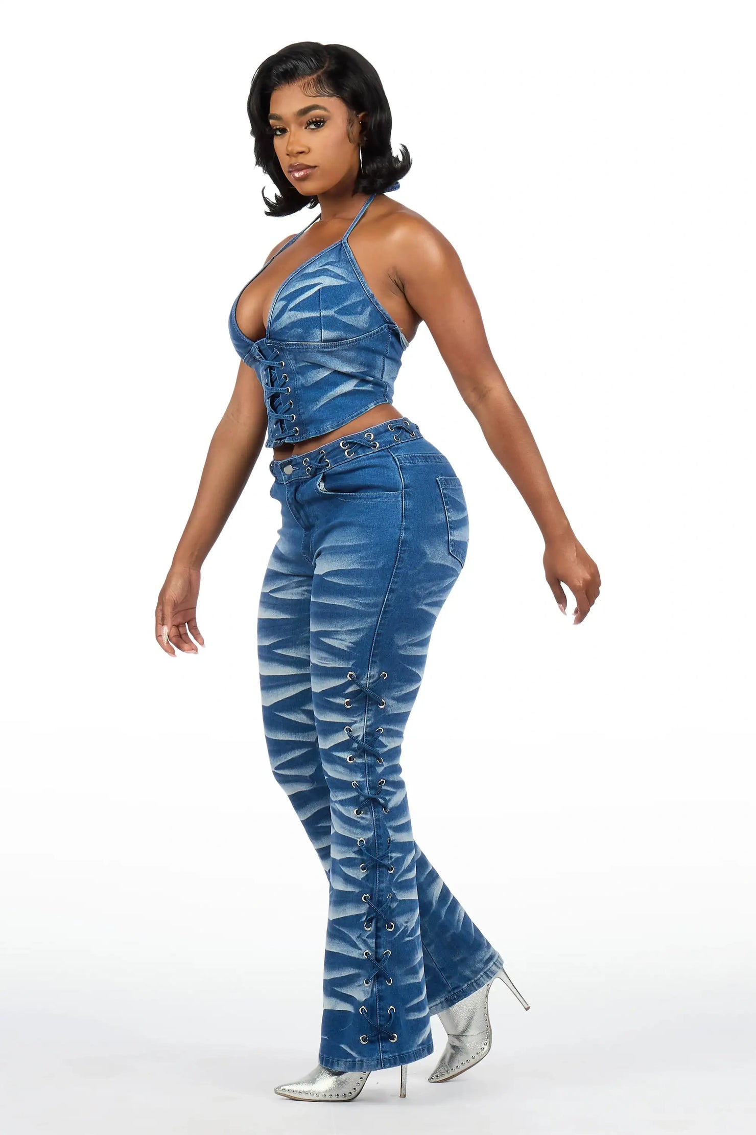 Suleah Blue Lace Up Denim Set