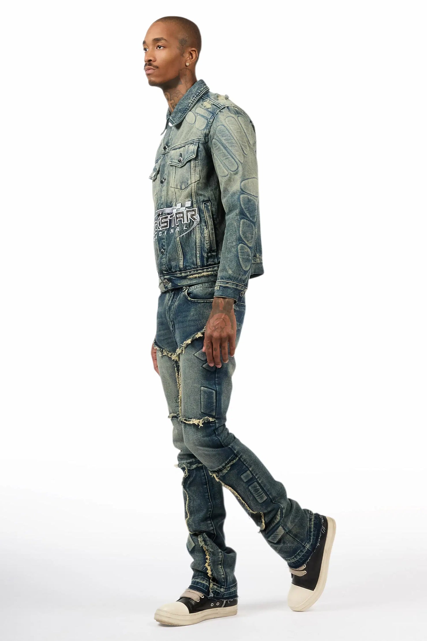 Throttle Blue Denim Jacket/Stacked Flare Jean Set