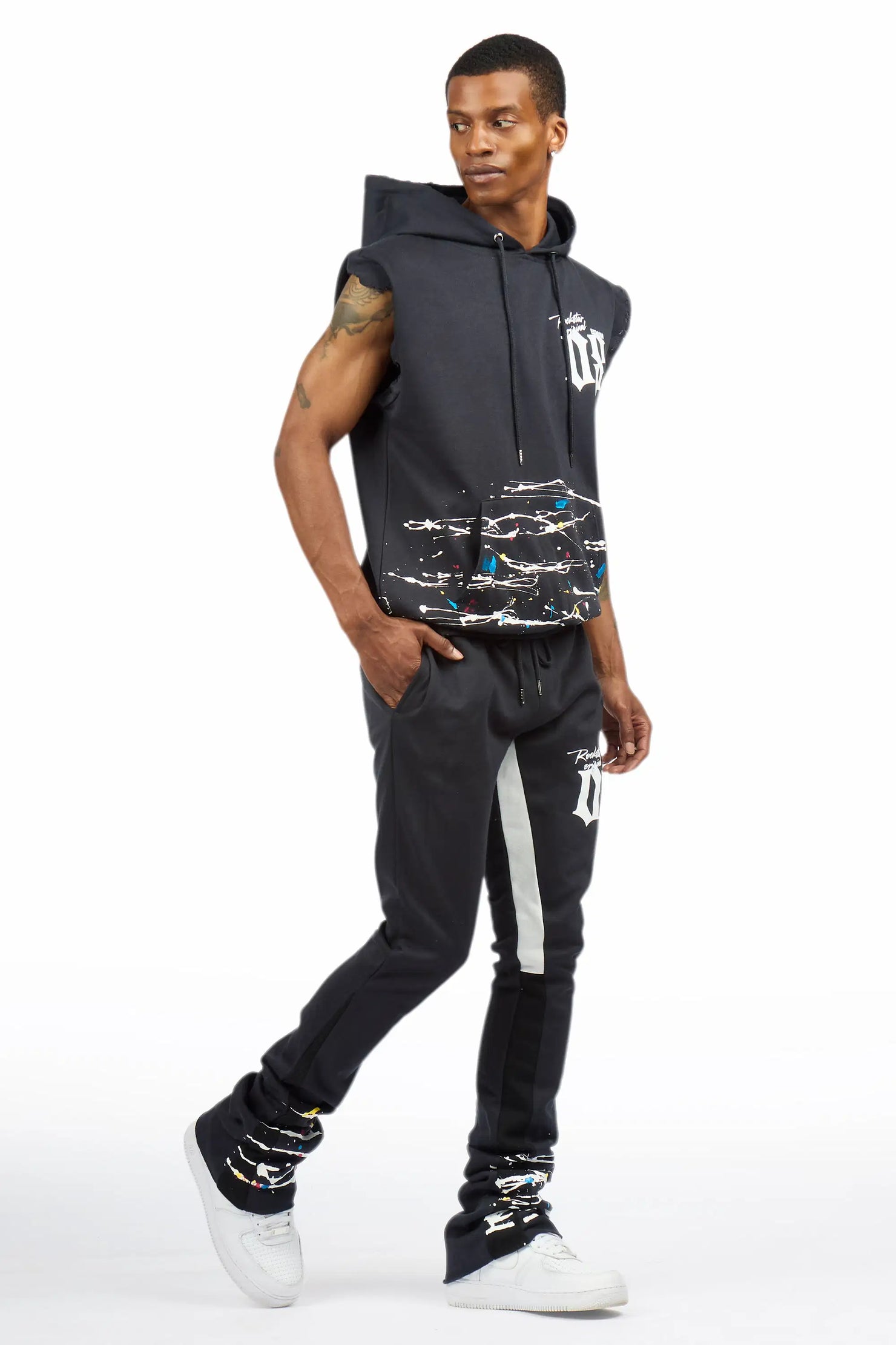 Horia Charcoal/Multi Cut Sleeve Hoodie/Stacked Pant Track Set