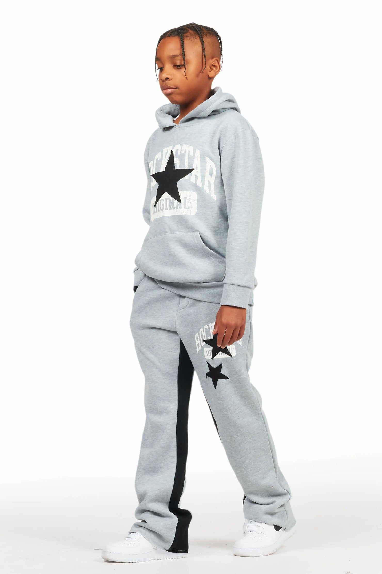 Boys Mallor Heather Grey Baggy Stacked Hoodie Track Set