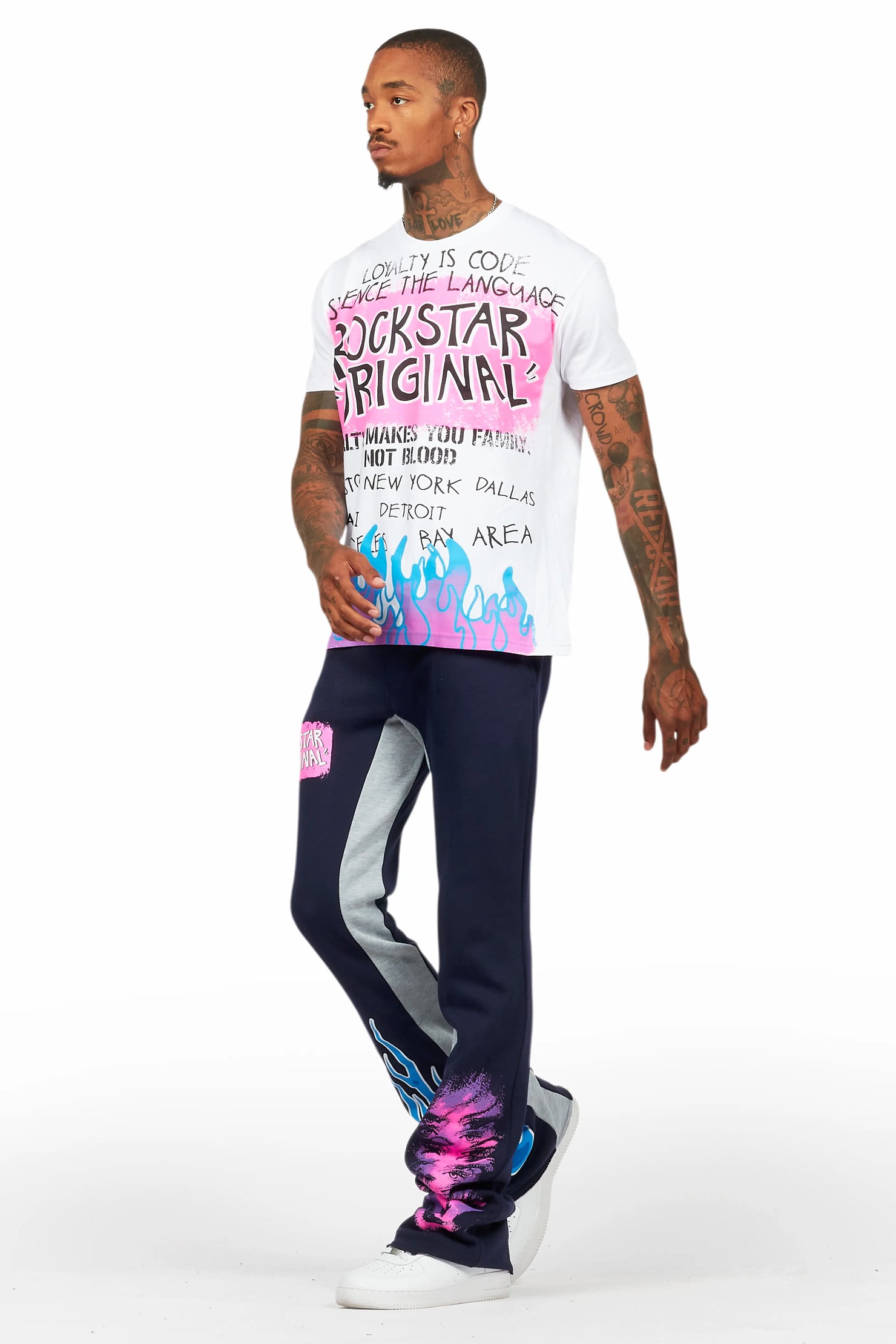 Beno White/Navy T-Shirt/Baggy Stacked Pant Set