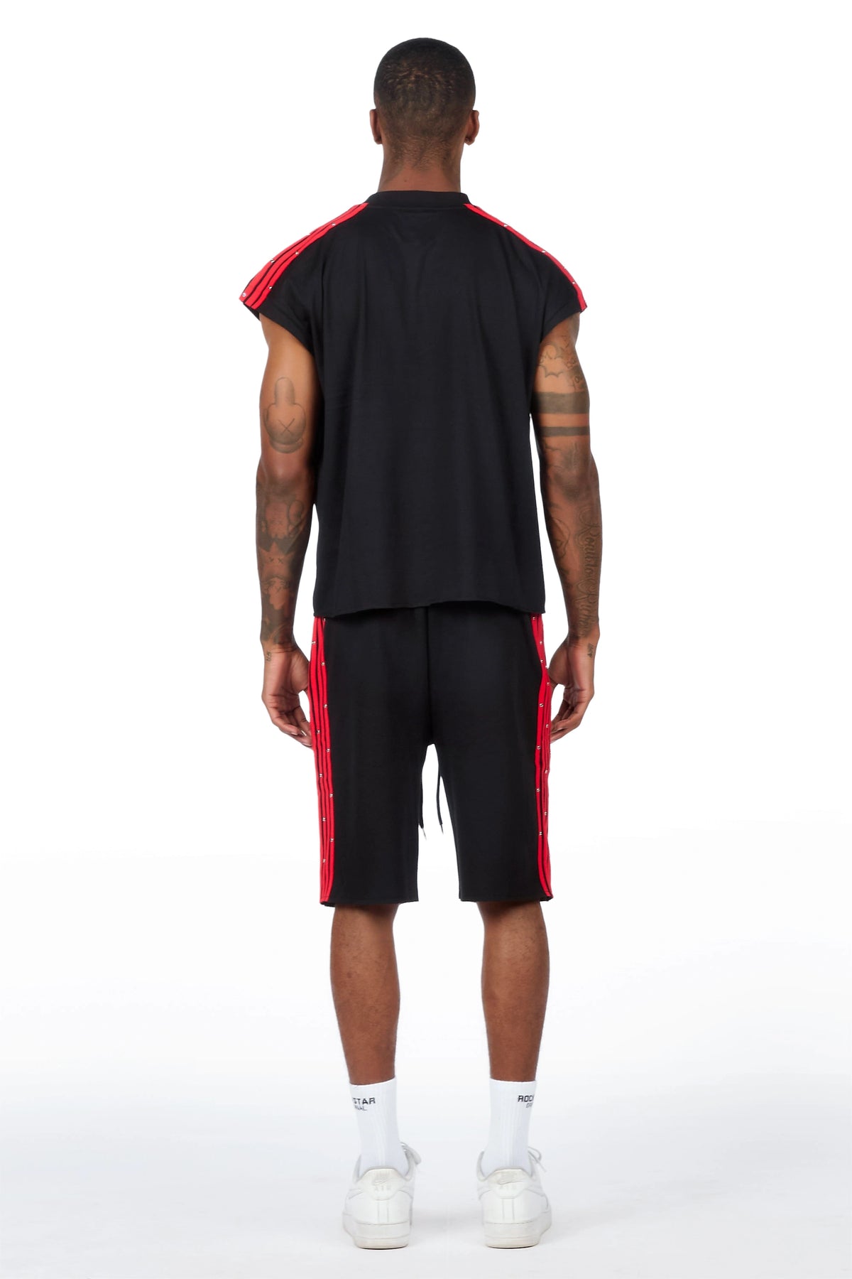Gulis Black/Red Rhinestone Cut Sleeve T-Shirt Short Set