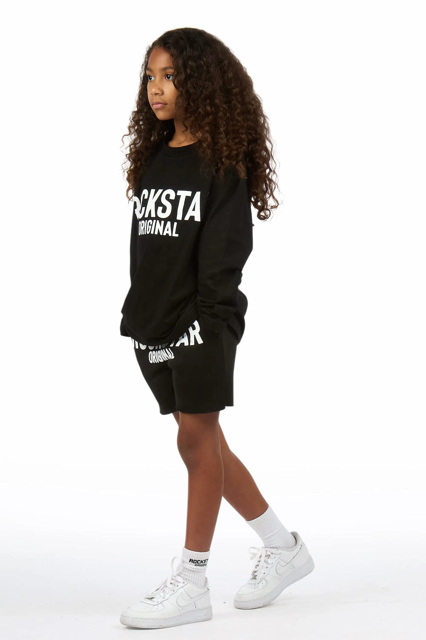 Girls Mikassa 2.0 Black/White L/S T-Shirt Short Set