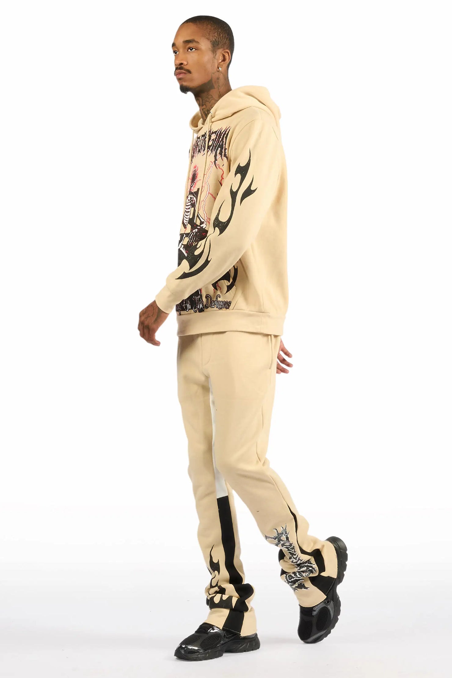 Deathrow Beige/Black Hoodie/Stacked Track Pant Set