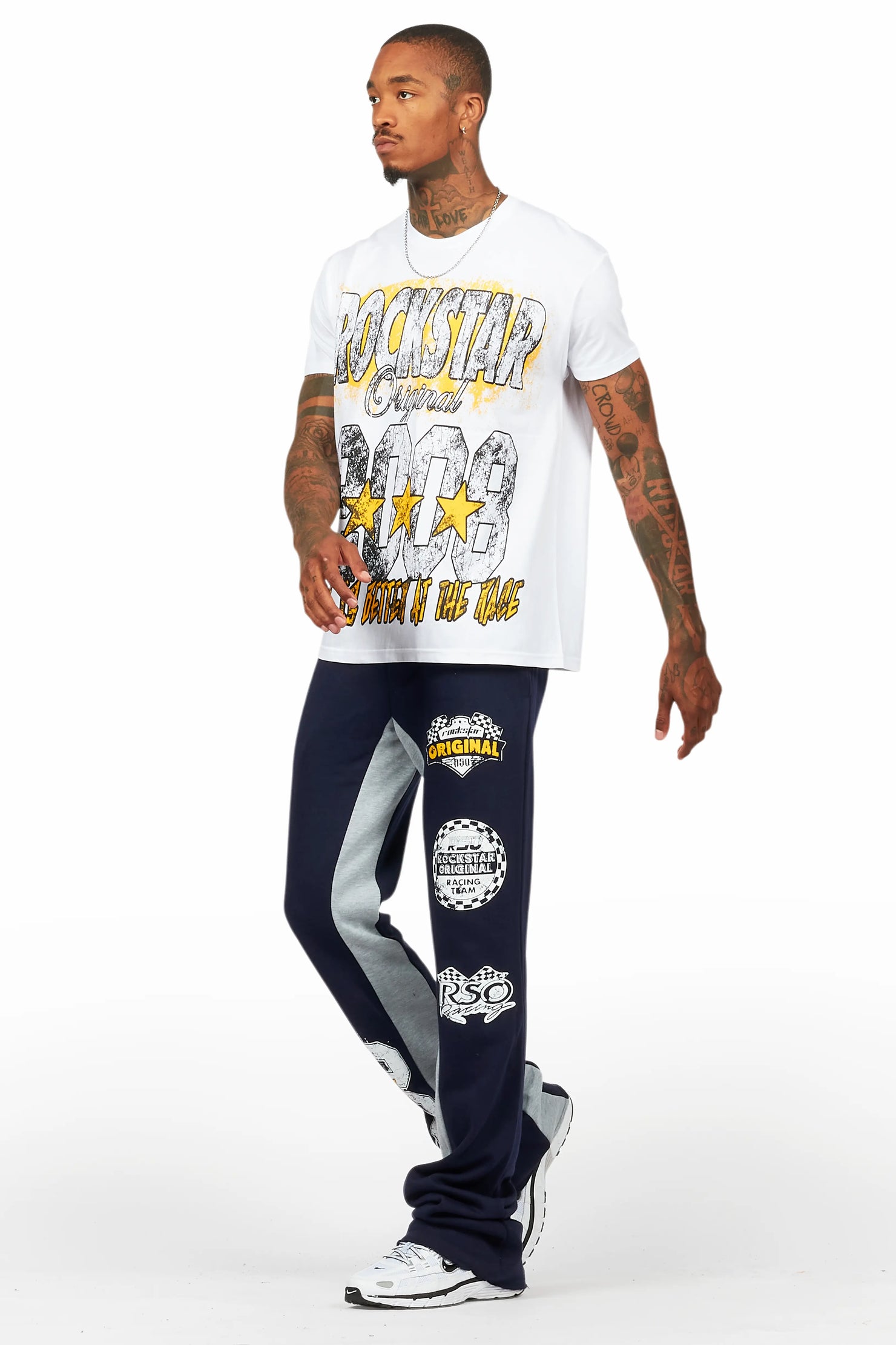 Racing Grung White/Navy T-Shirt/Stacked Baggy Track Pant Set