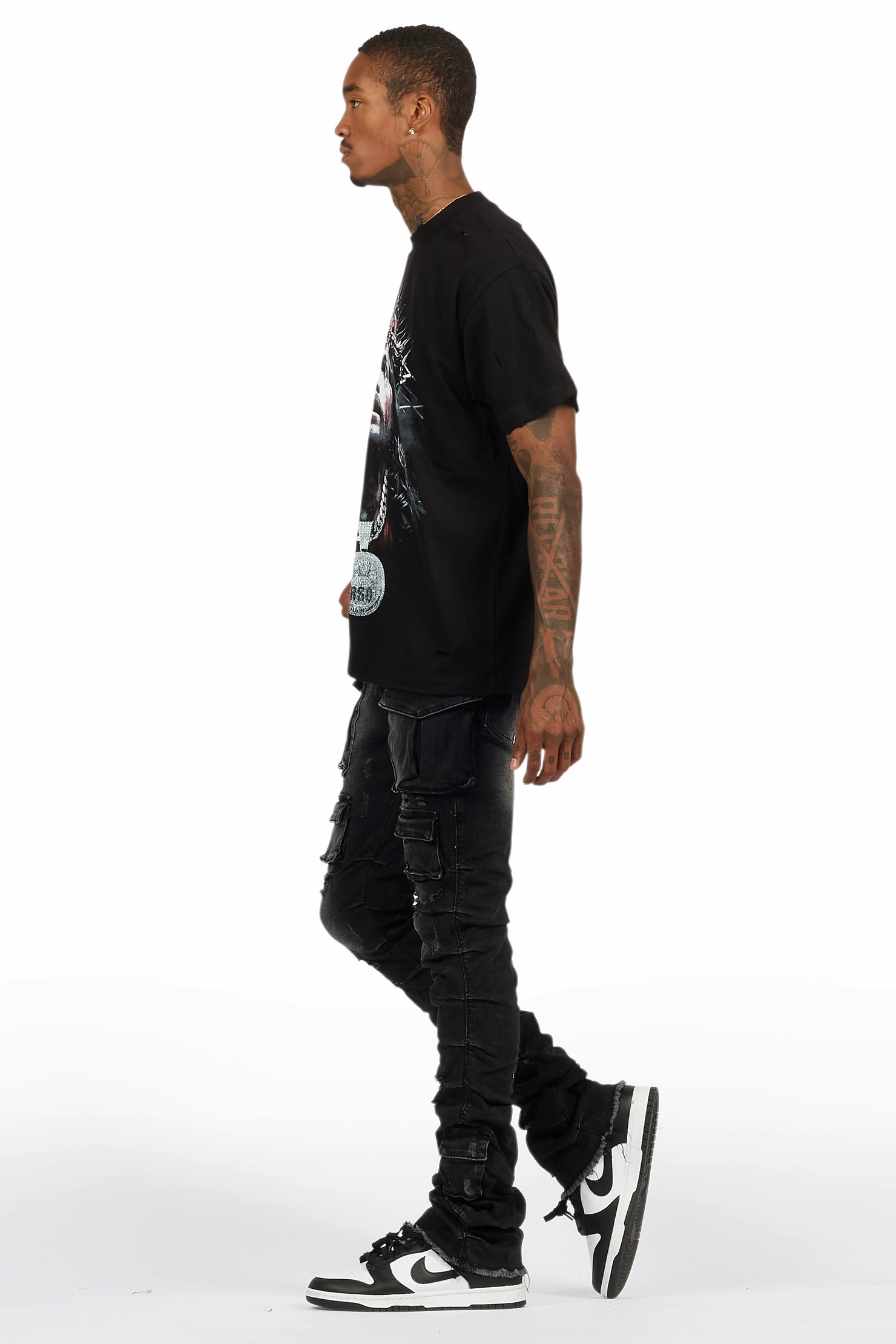 Amina Black Washed T-Shirt Stacked Flare Jean Set