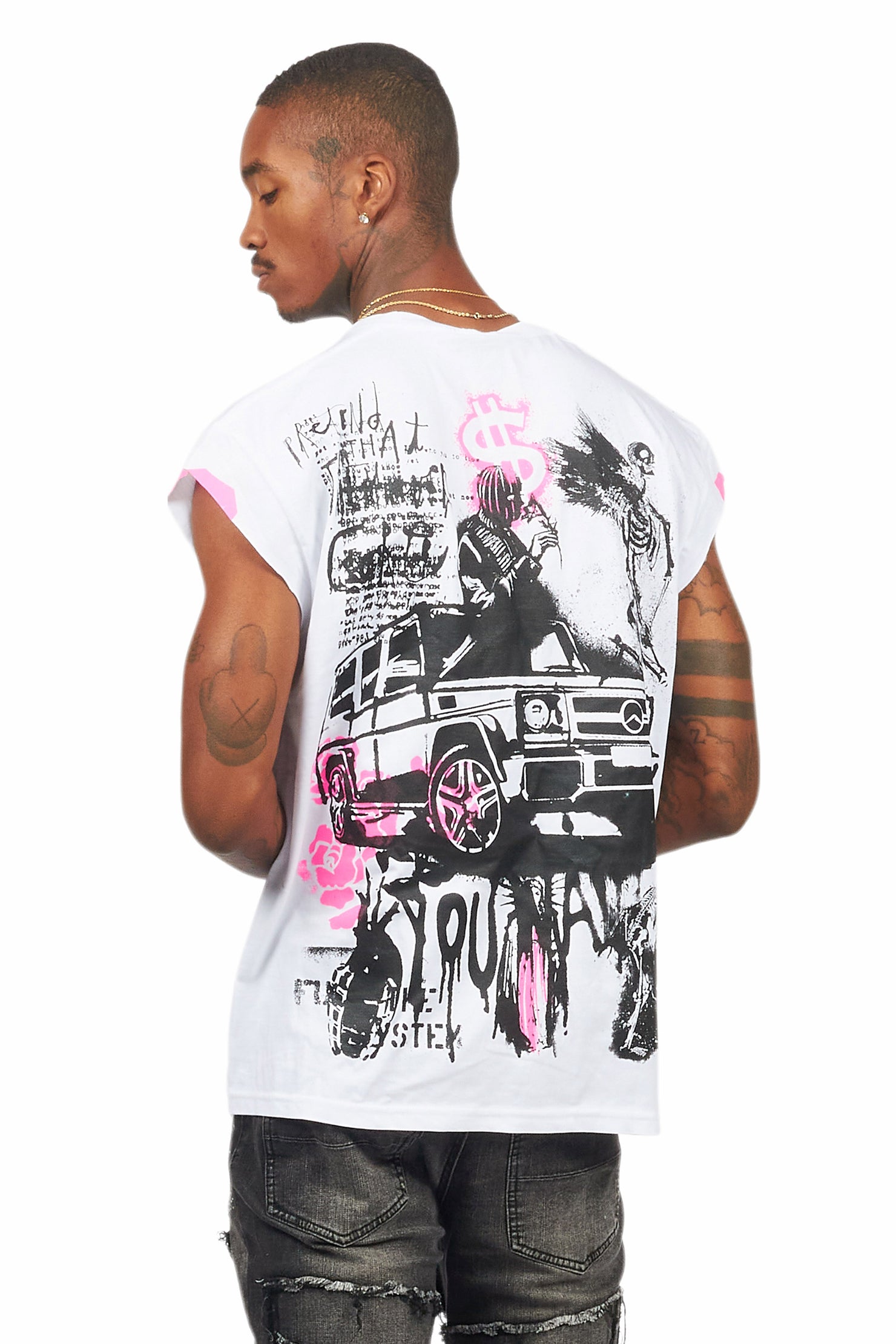 Grill White/Pink Graphic Muscle T-Shirt