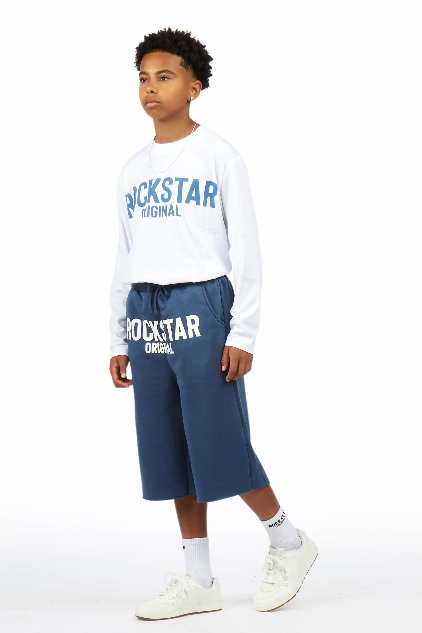 Boys Mikasso White/Navy L/S T-Shirt Jort Set