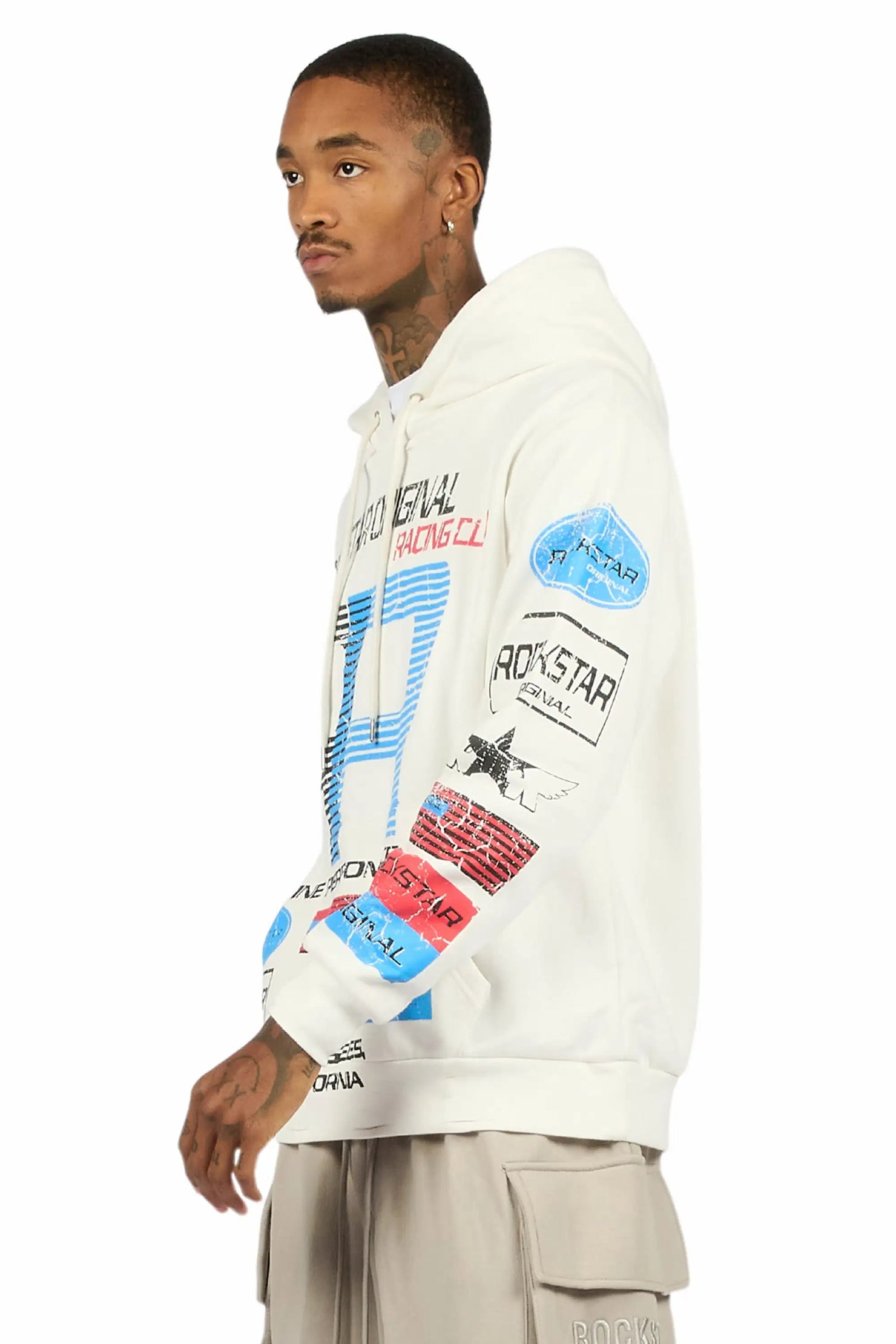 Rso Racing Club White Distressed Graphic Relaxed Hoodie
