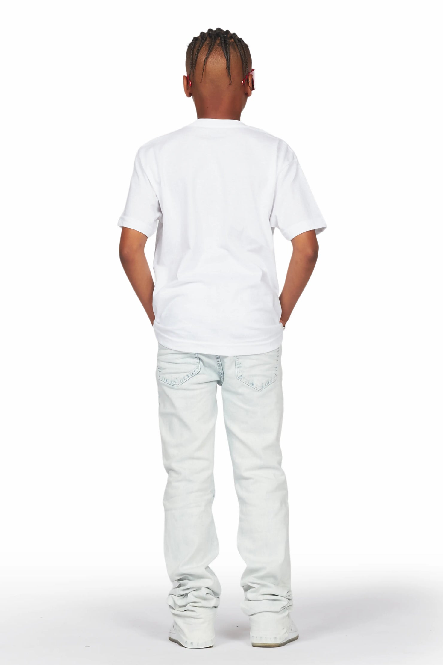 Boys Yasir White/Light Blue T-Shirt/Stacked Flare Jean Set