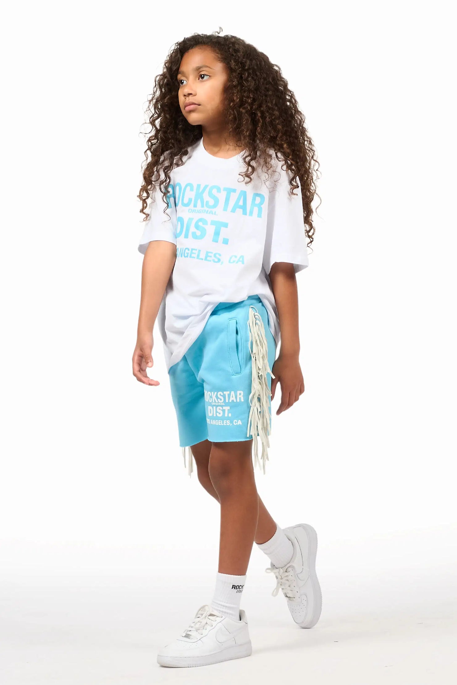 Girls Kendra White/Light Blue Graphic T-Shirt/Fringe Short Set