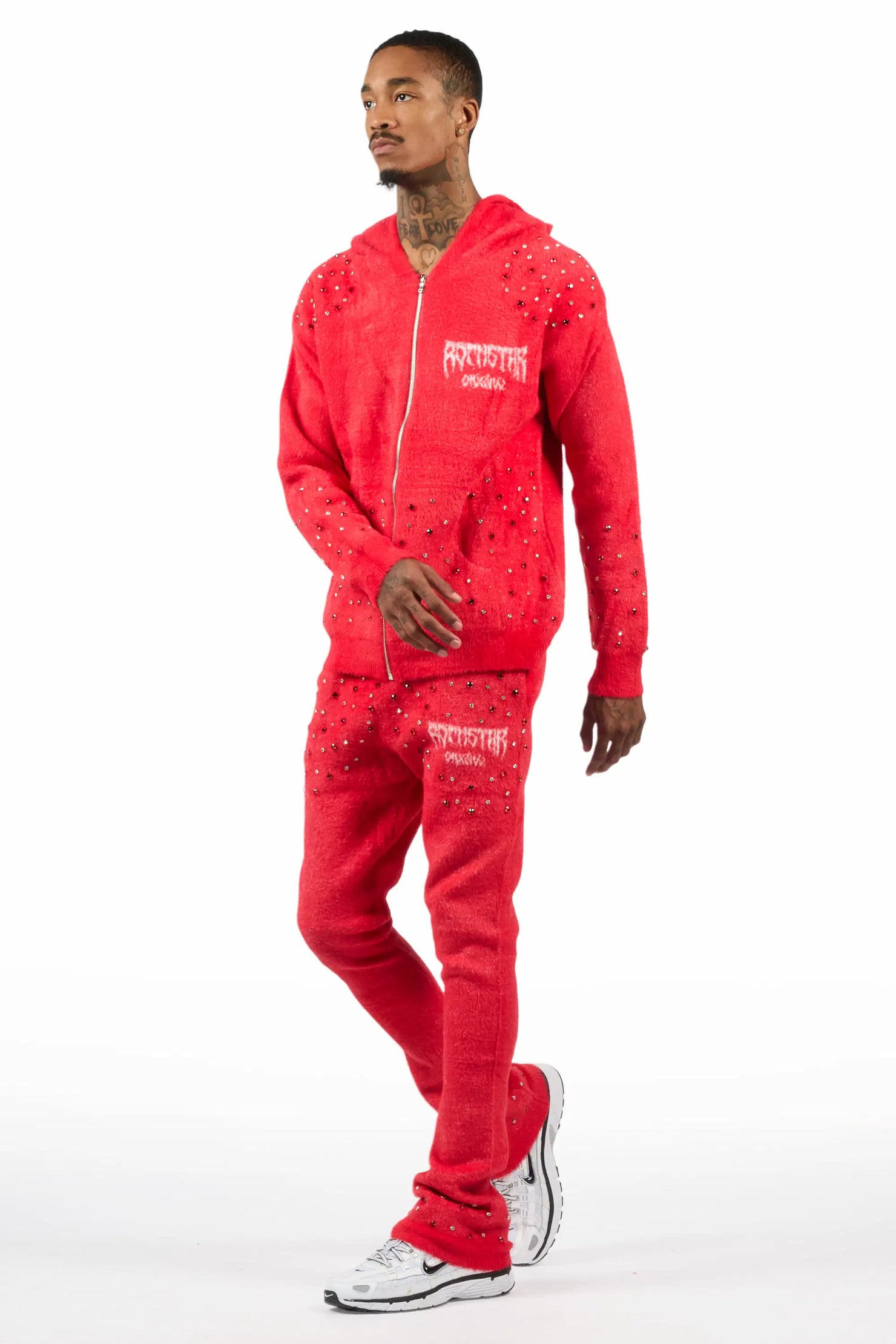 Lapiz Red Rhinestone Mohair Knit Stacked Flare Track Set