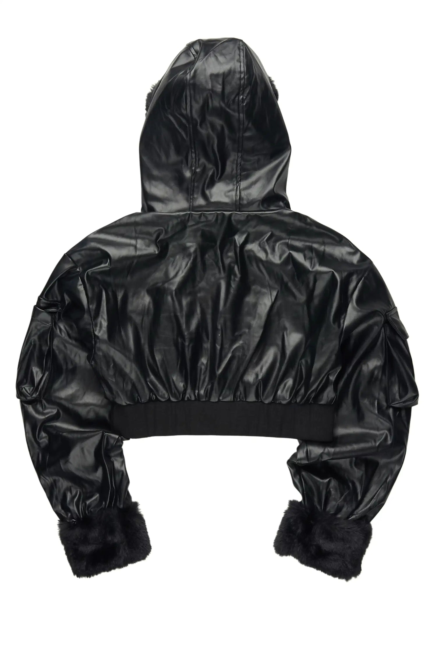 Amyia Black PU Jacket With Fur Hood