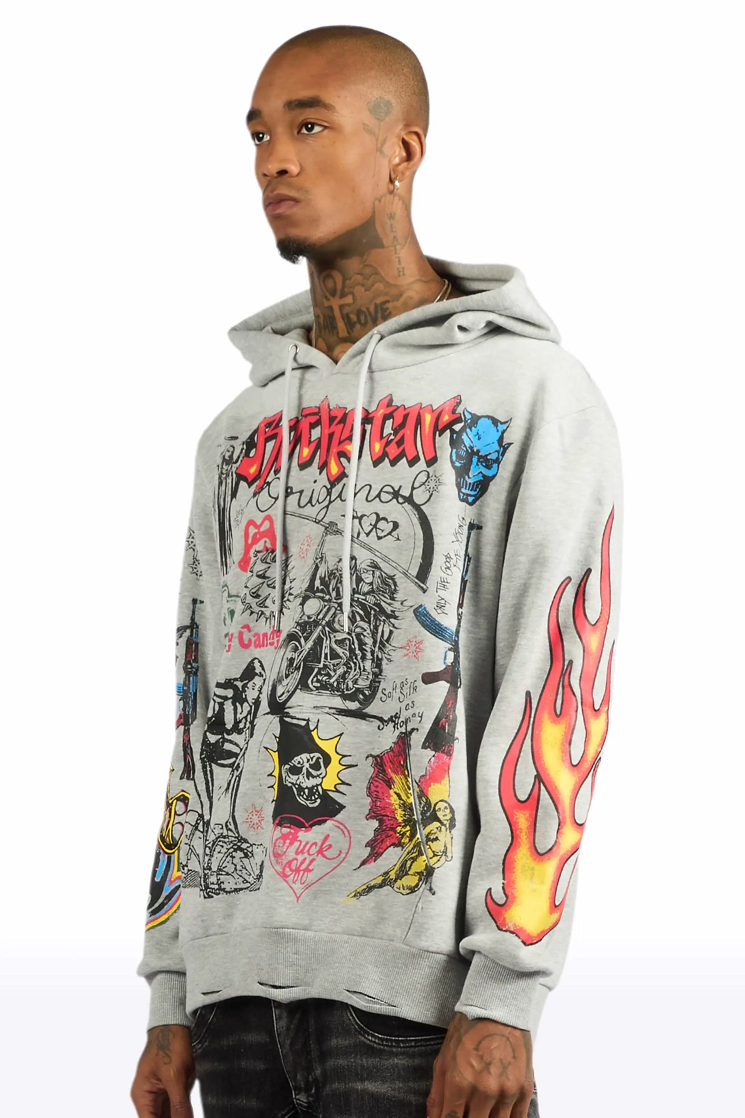 Shootah Heather Grey Distressed Graphic Relaxed Relaxed Hoodie