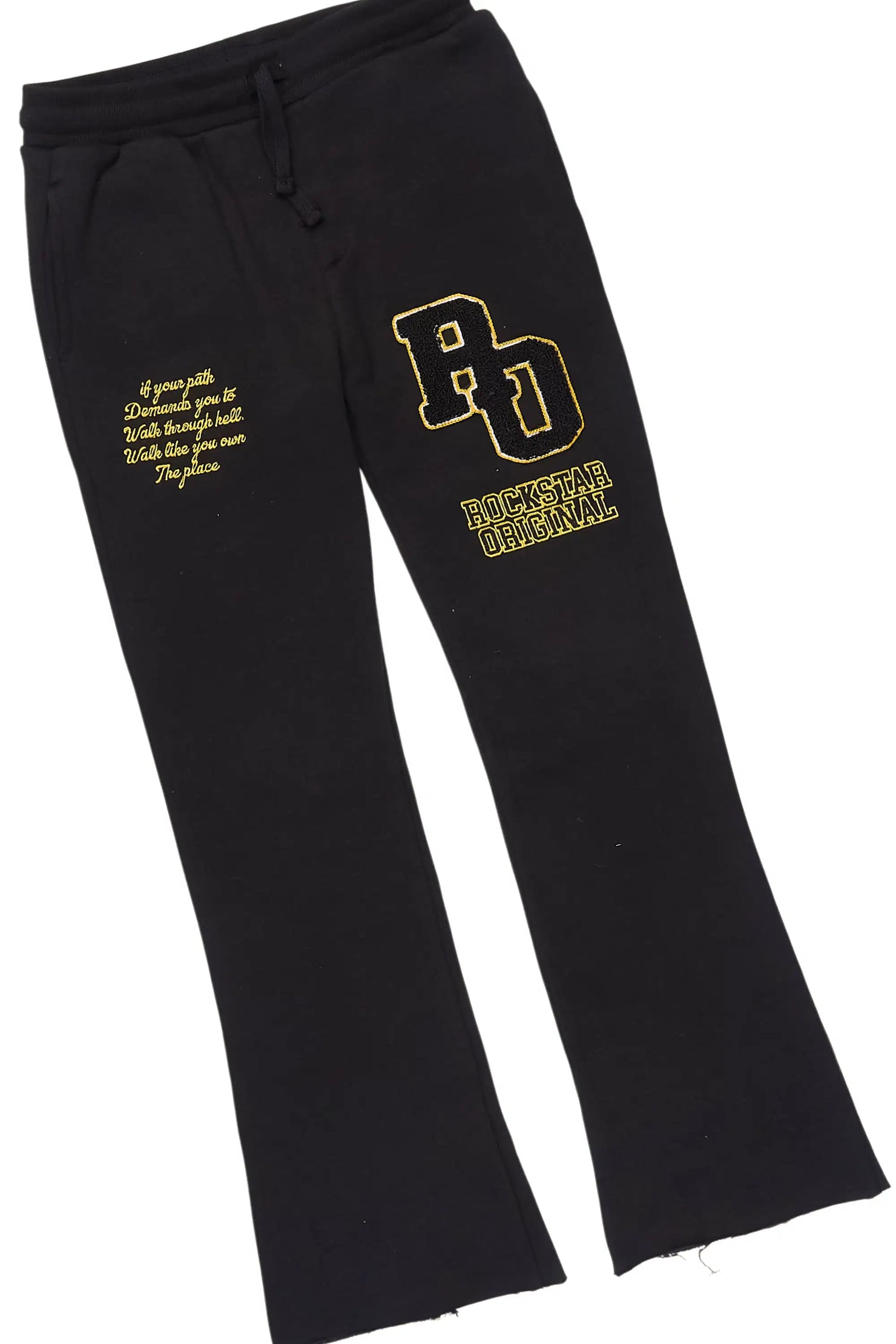 Girls Leslee Black/Yellow Embroidered Stacked Flare Hoodie Track Set