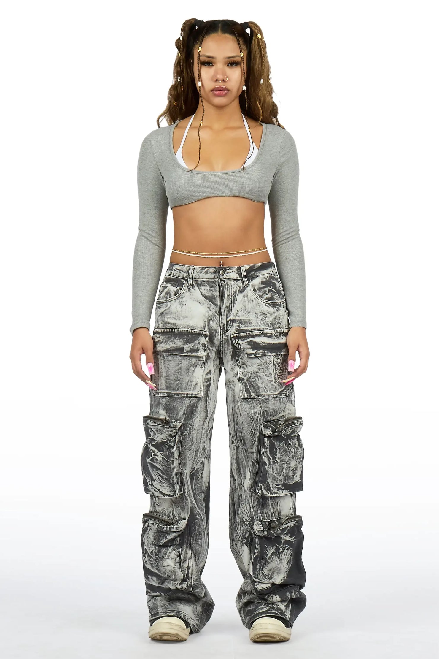 Malaika Grey Cargo Stacked Jean