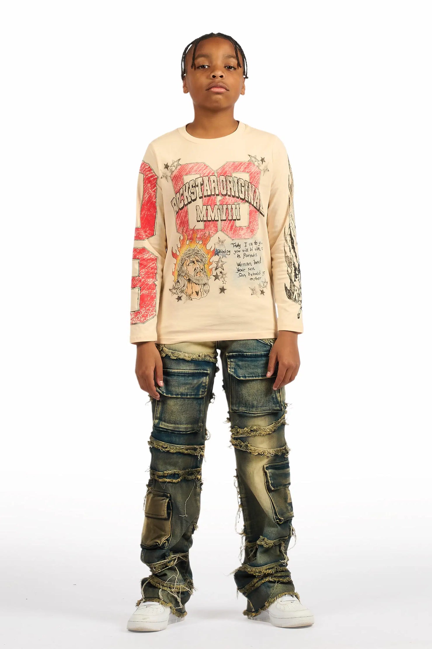 Boys Yves Blue Stacked Flare Cargo Jean