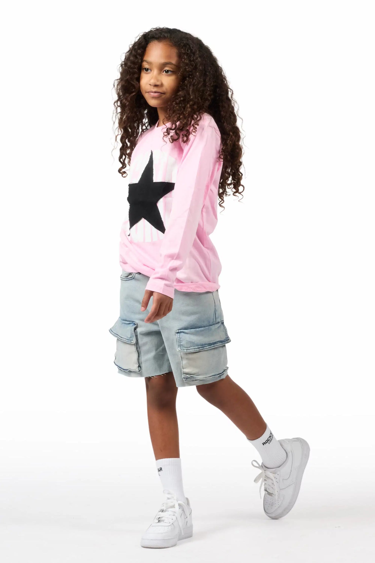 Girls Vary Pink/Black Long Sleeve T-Shirt/Denim Short Set