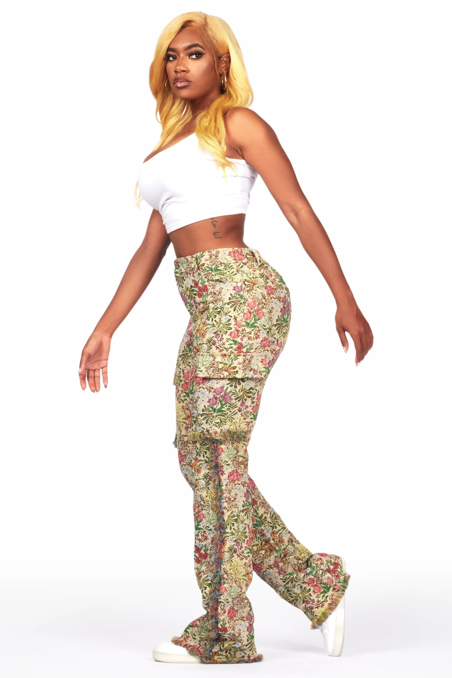 Tamia Beige Floral Tapestry Stacked Pant