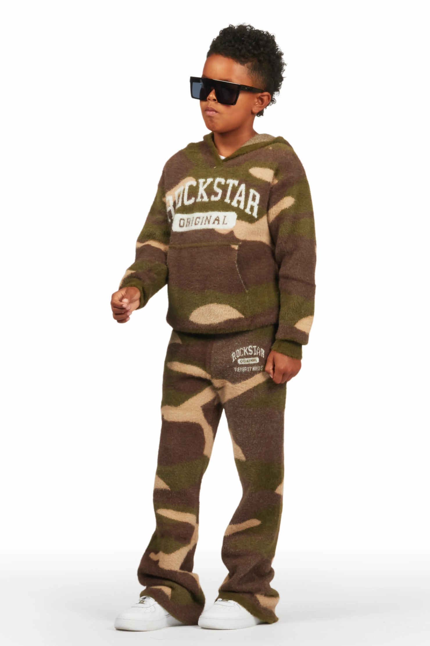 Boys Member Green Camo Stacked Flare Knitted Mohair Track Set