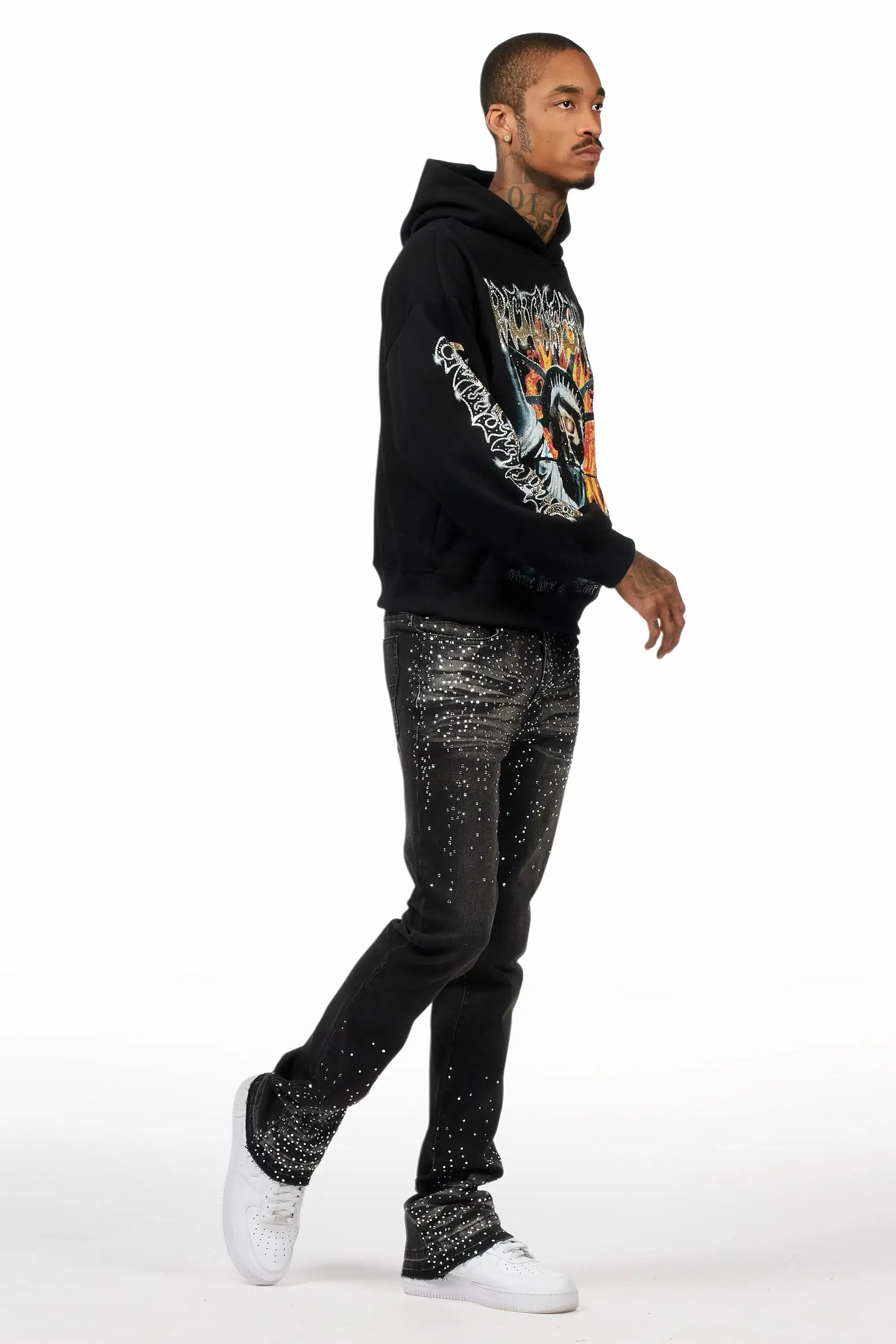 Maxton Dark Grey Rhinestone Stacked Flare Jean