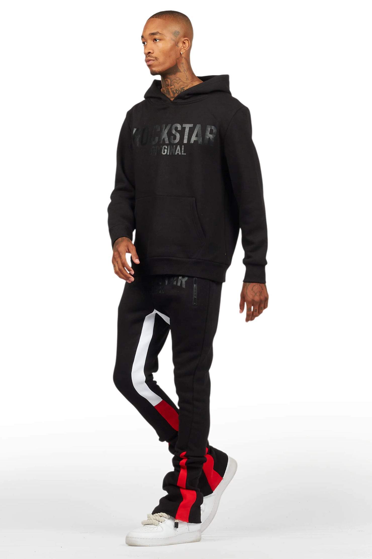 Sana Black/Black Hoodie/Stacked Flare Track Pant Set