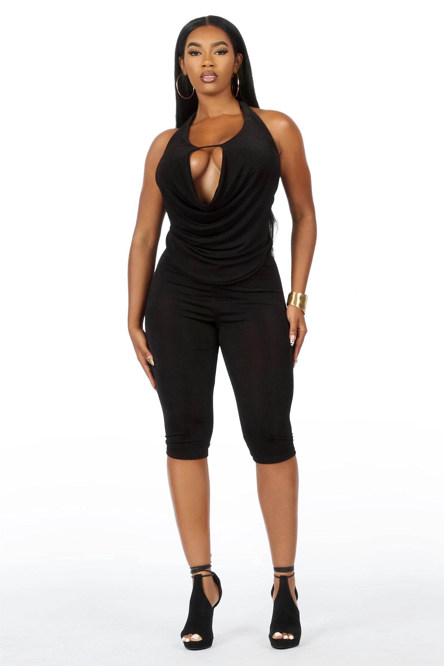 Draped-Up Black Matching Capri Set