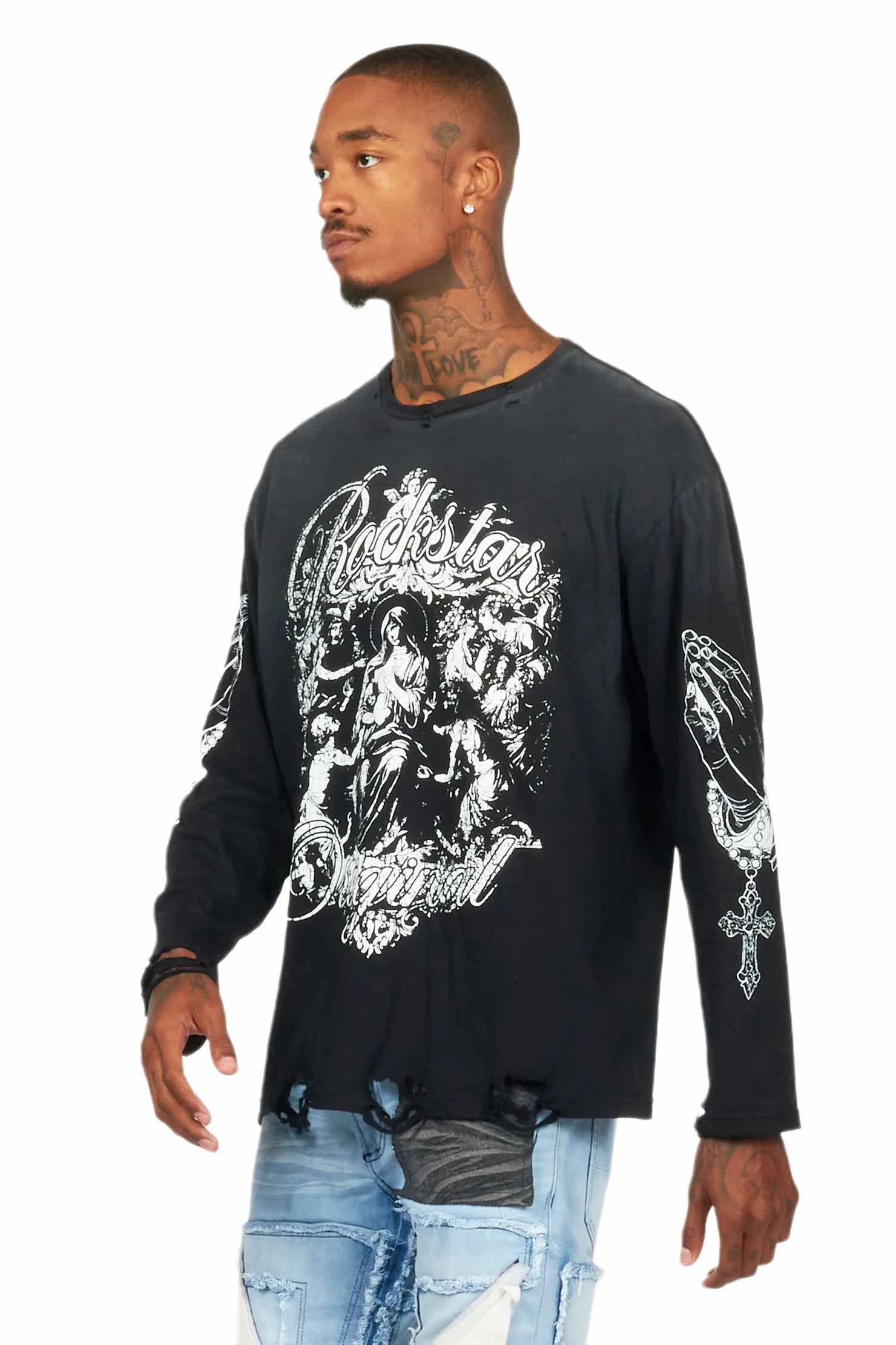 Vamp Black Long Sleeve Distressed Graphic T-Shirt