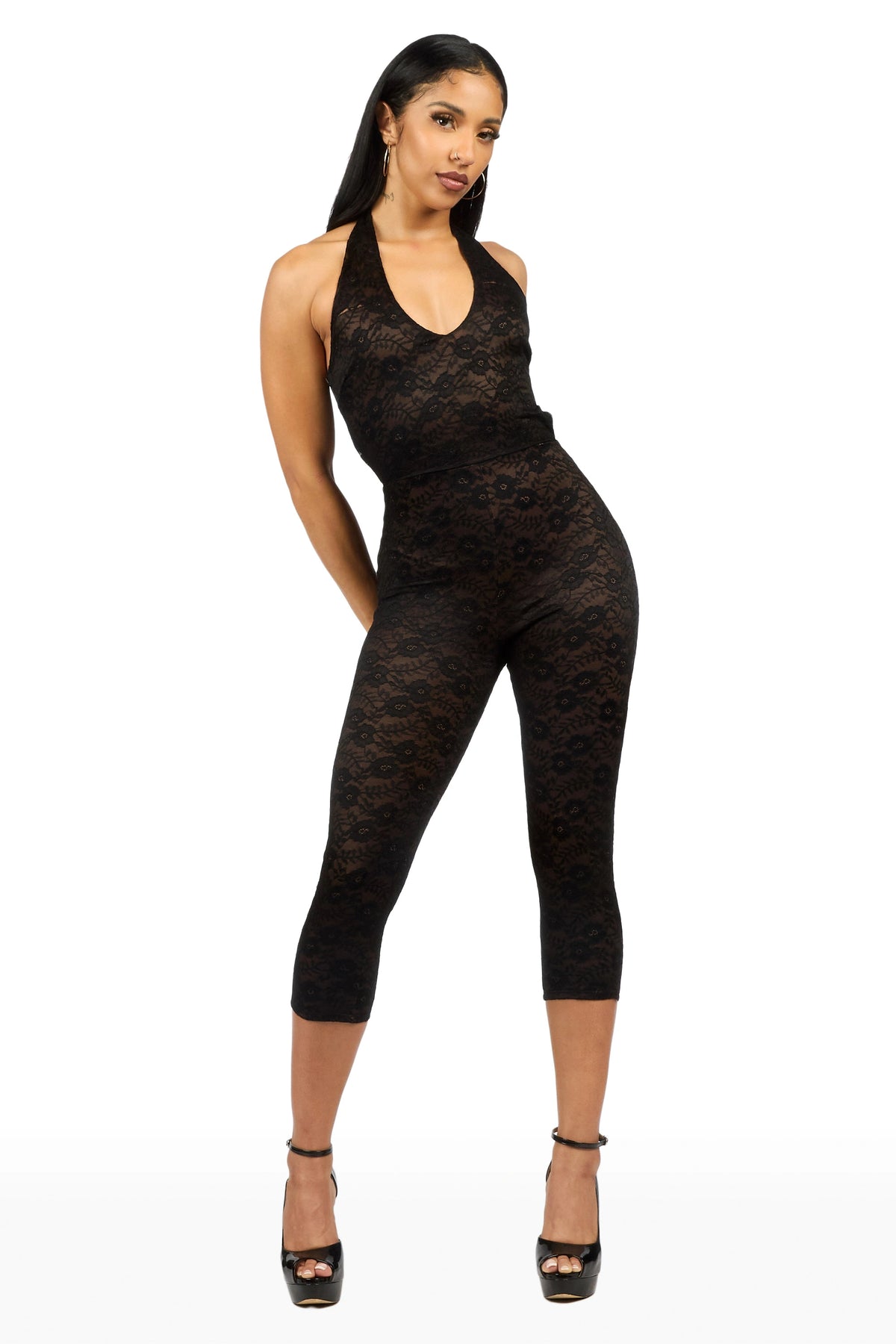 Lacey Floral Black Capri Jumpsuit