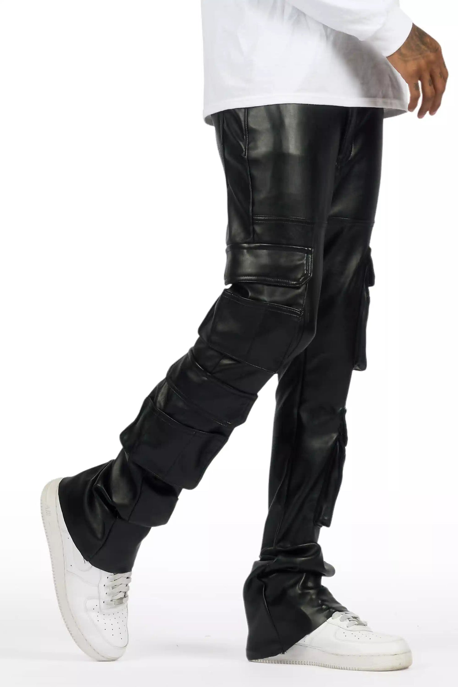 Keylor Black Stacked Flare PU Pants