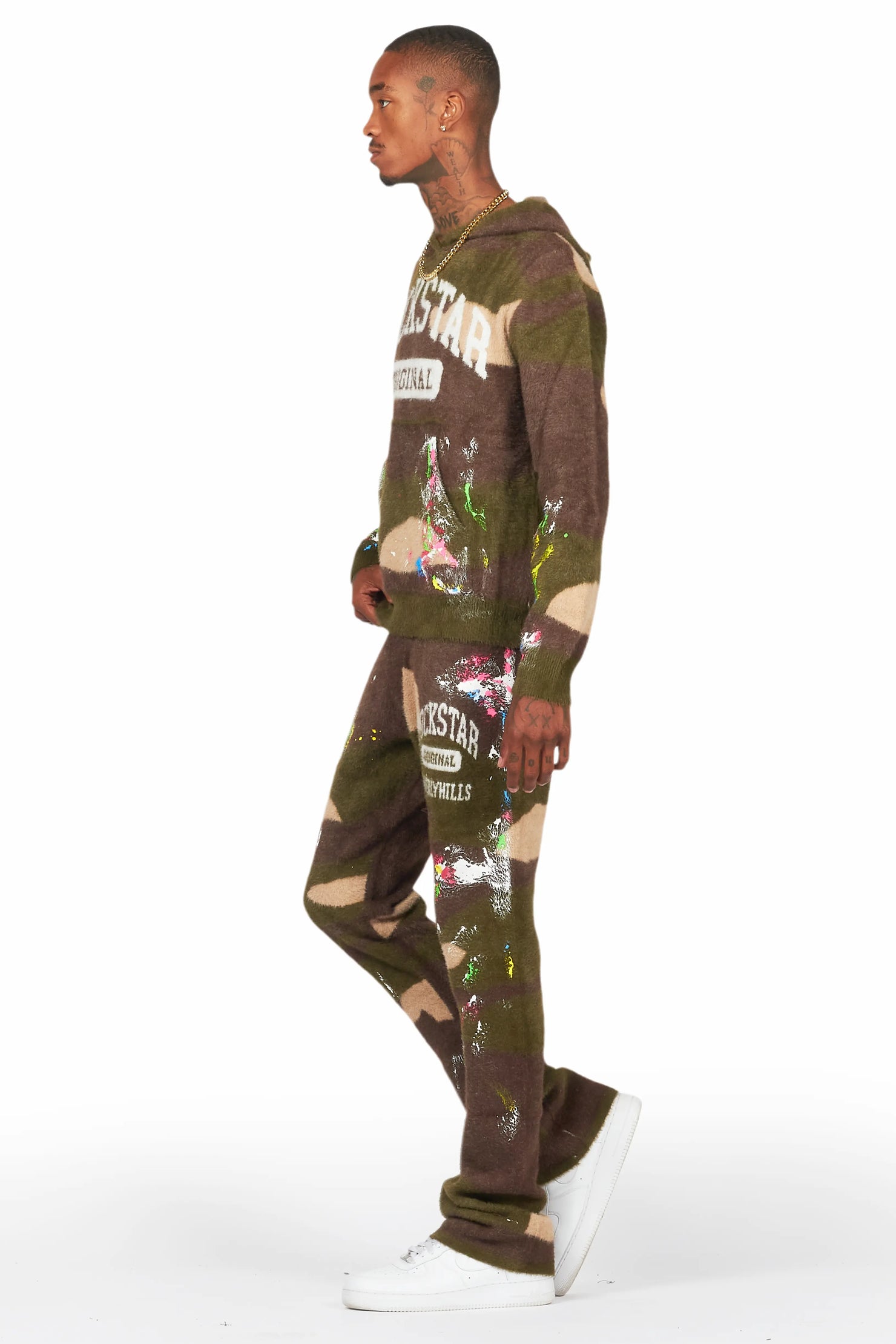 Rasul Green Camo Stacked Flare Knitted Mohair Track Set