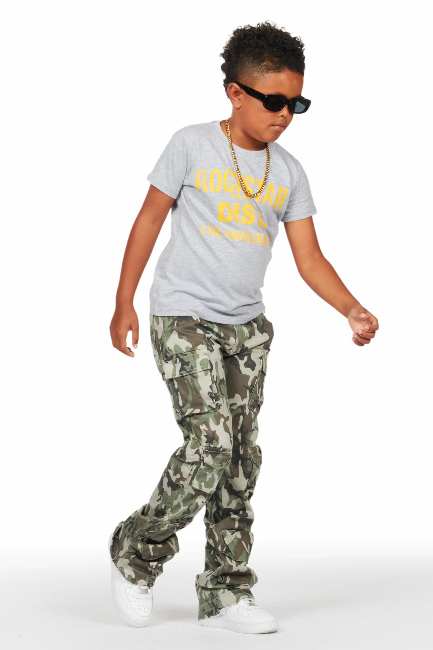 Boys Yves Green Camo Stacked Flare Cargo Jean
