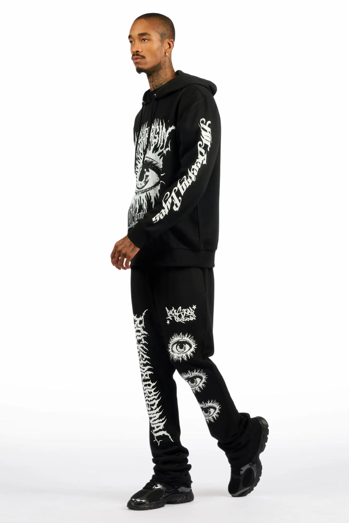 All Seeing Eyes Black Stacked Flare Track Pant Set