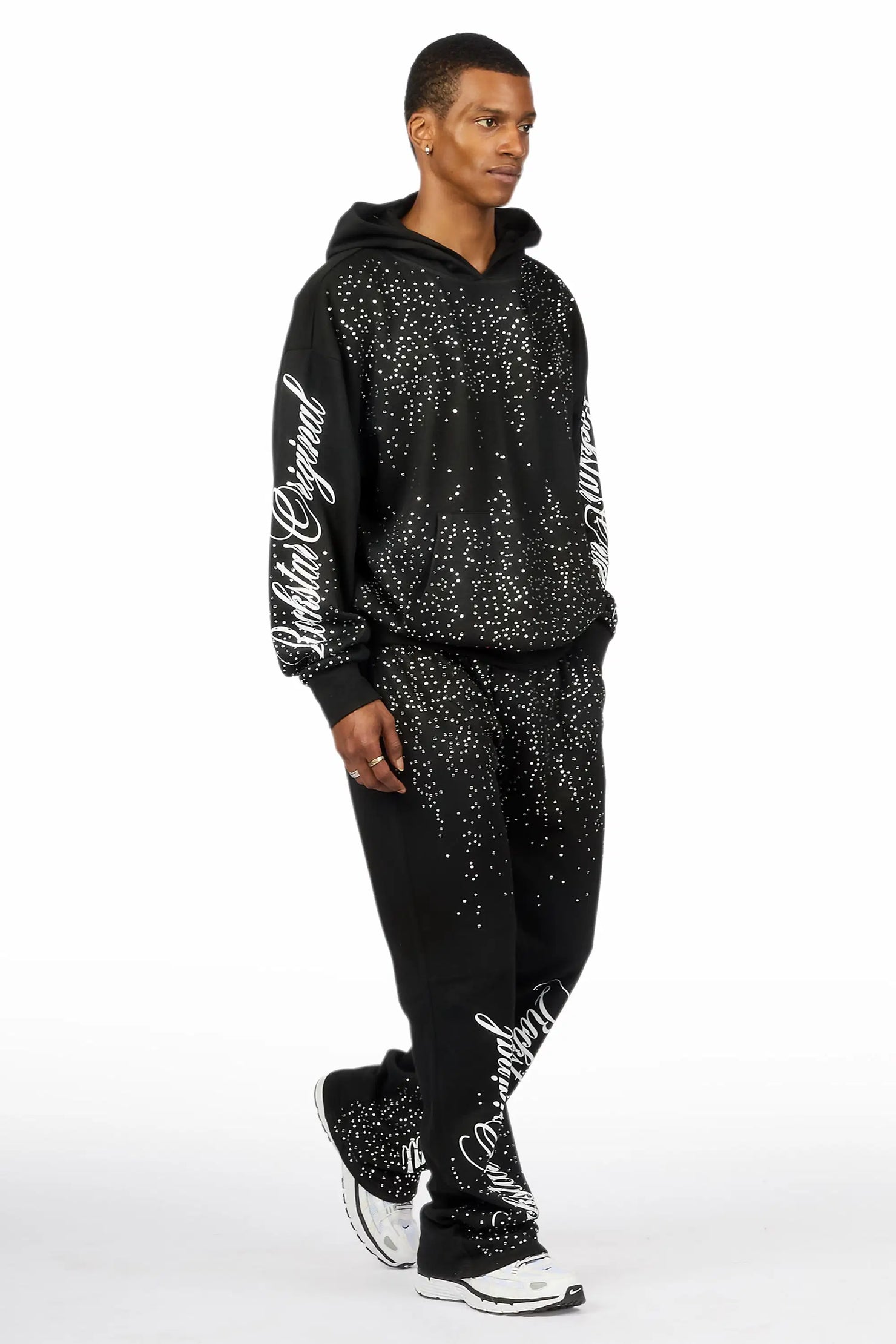 Strayce Black/White Rhinestone Hoodie Relaxed Track Set