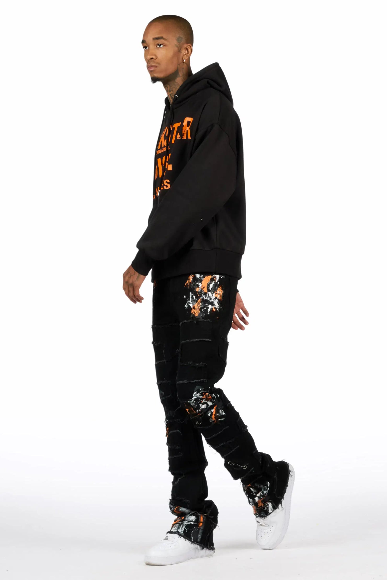 Saxon Black/Orange Hoodie/Stacked Flare Jean Set