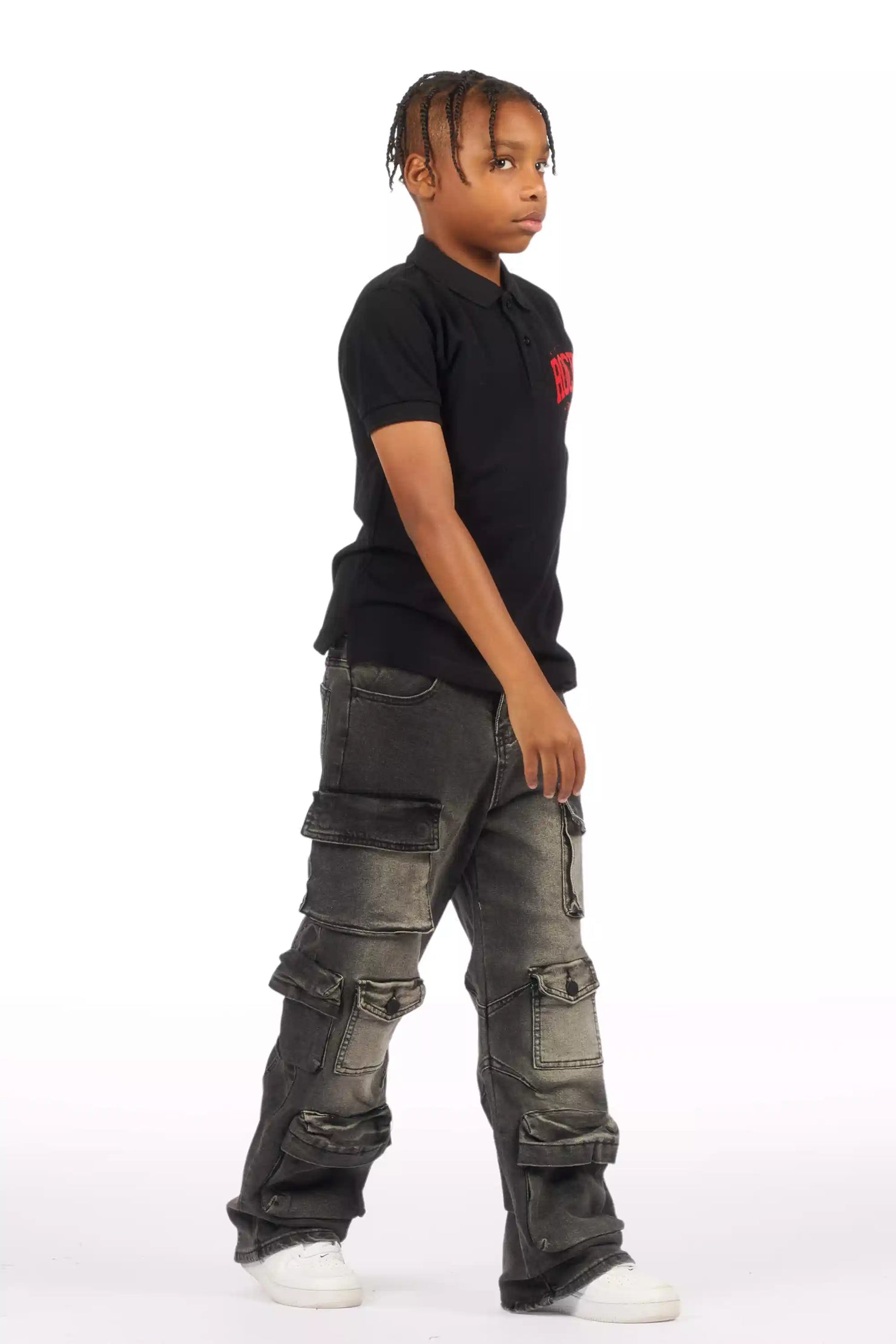 Boys Mahesh Dark Grey Tint Wash  Baggy Cargo Jean