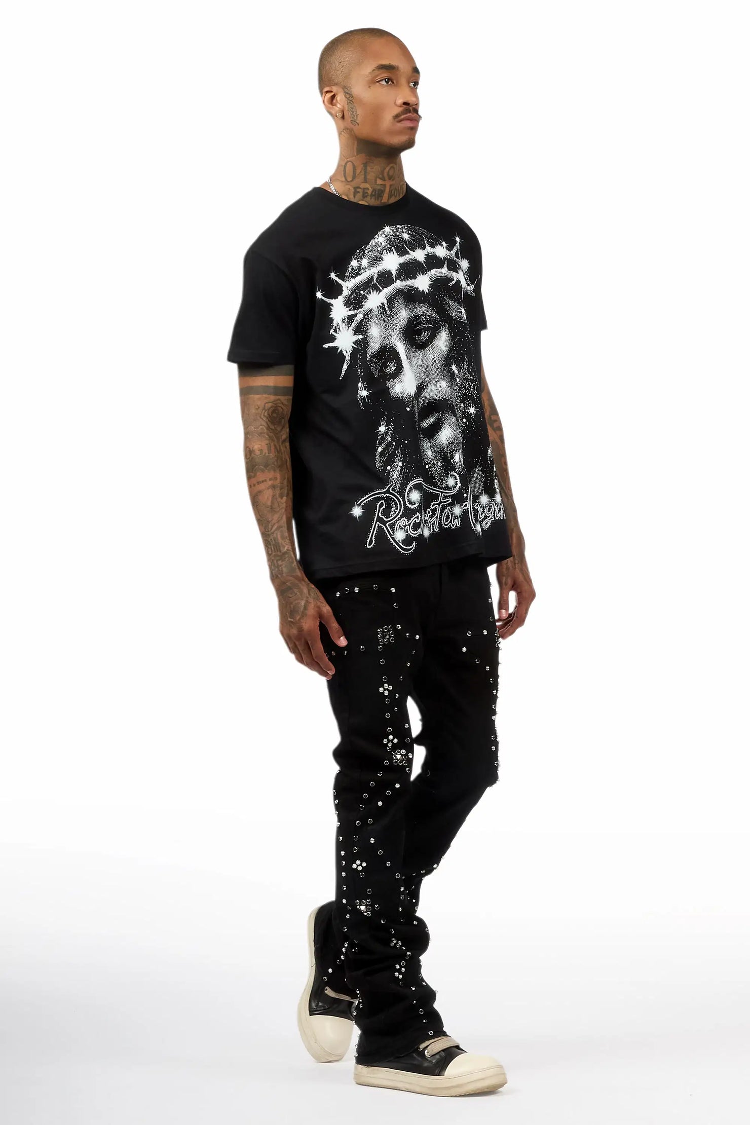 Chaz Jet Black Stud Stacked Flare Jean