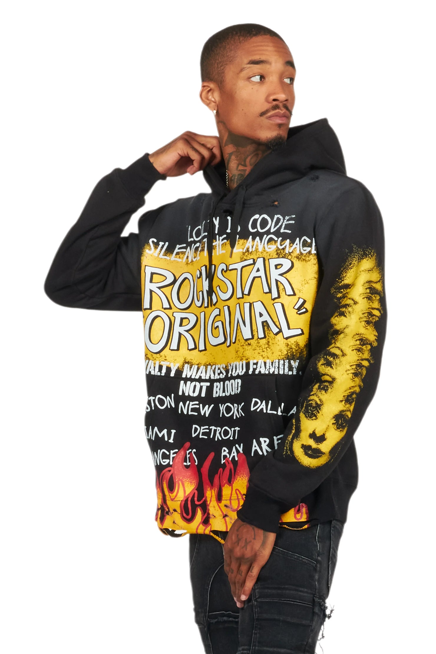 Beno Black/Yellow Distressed Graphic Hoodie