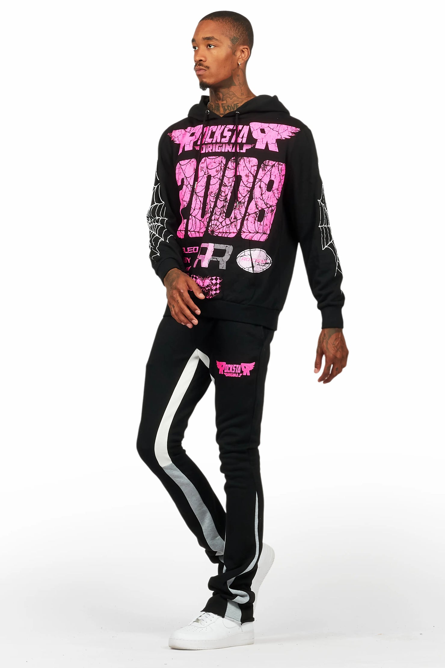 For Pinks Black Hoodie/Stack Flare Track Pant Set