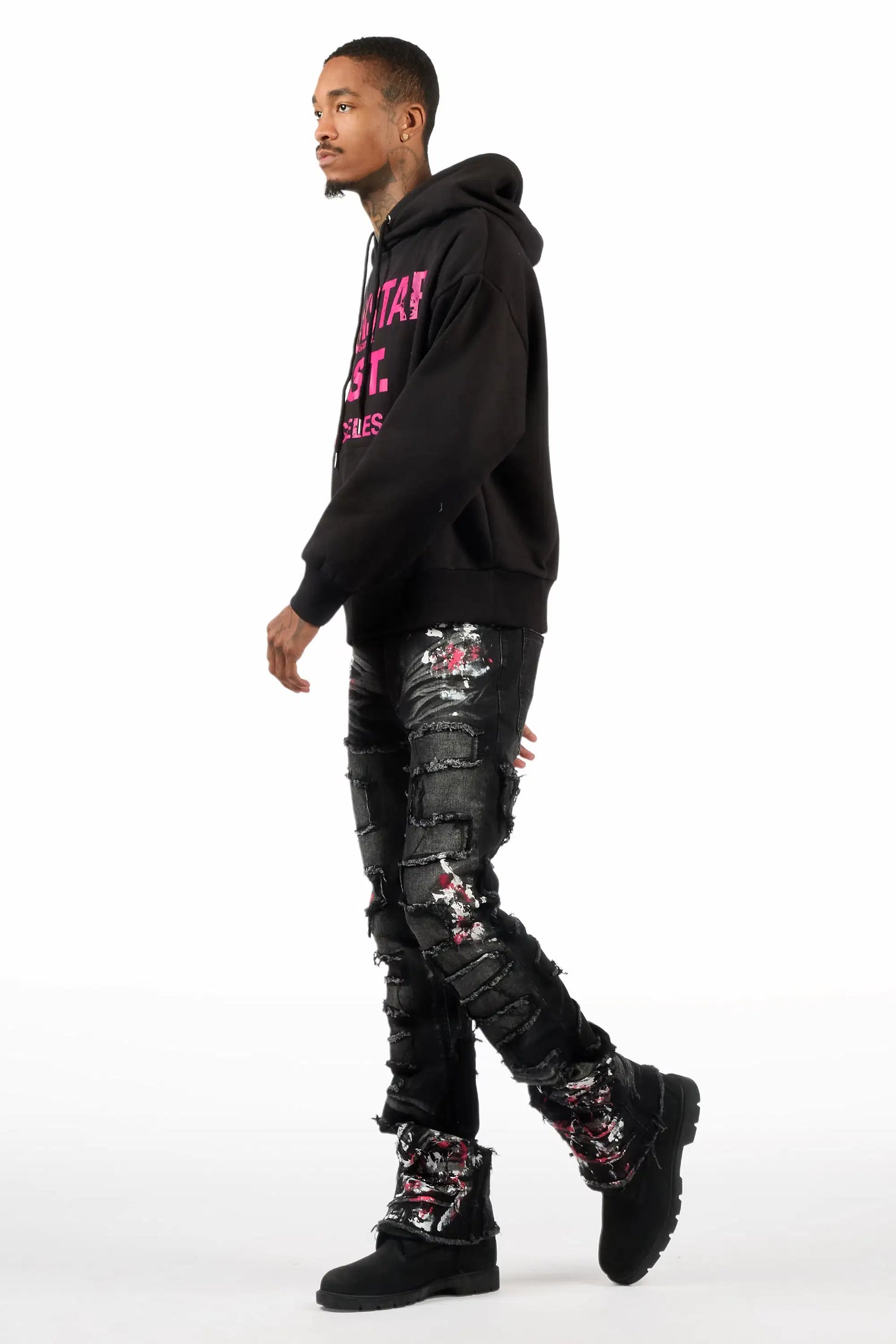 Saxon Pink/Black Hoodie/Stacked Flare Jean Set