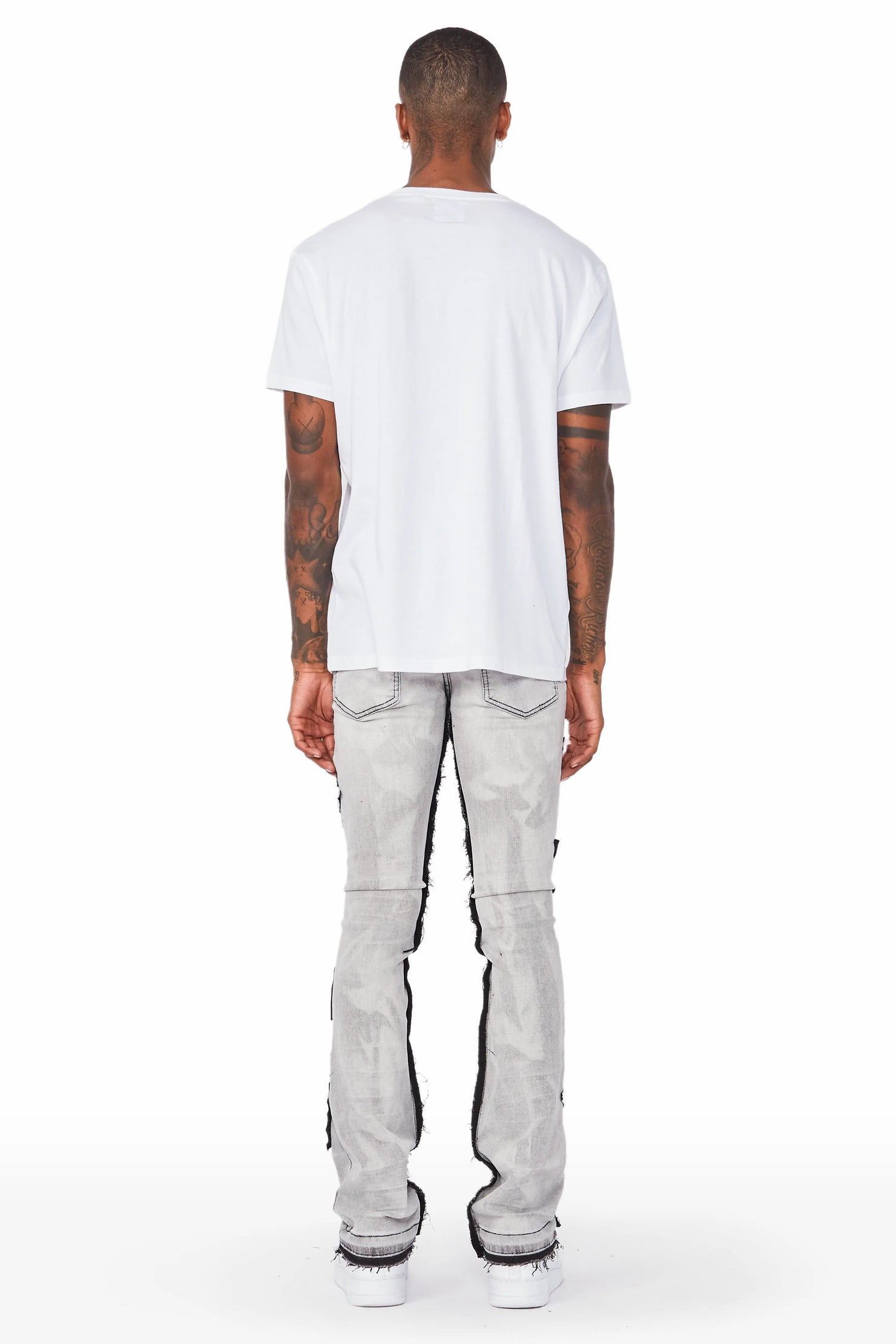 Rhys Light Grey Patchwork Stacked Flare Jean