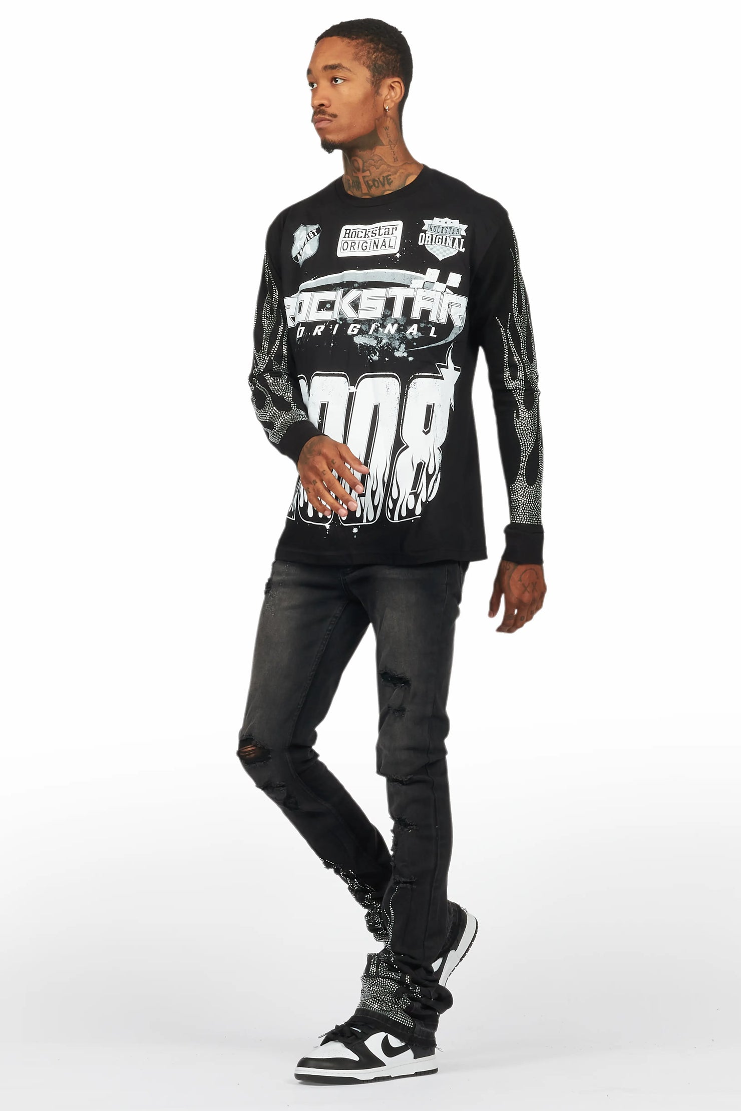 Amos Black Rhinestone Long Sleeve T-Shirt/Super Stacked Flare Jean Set