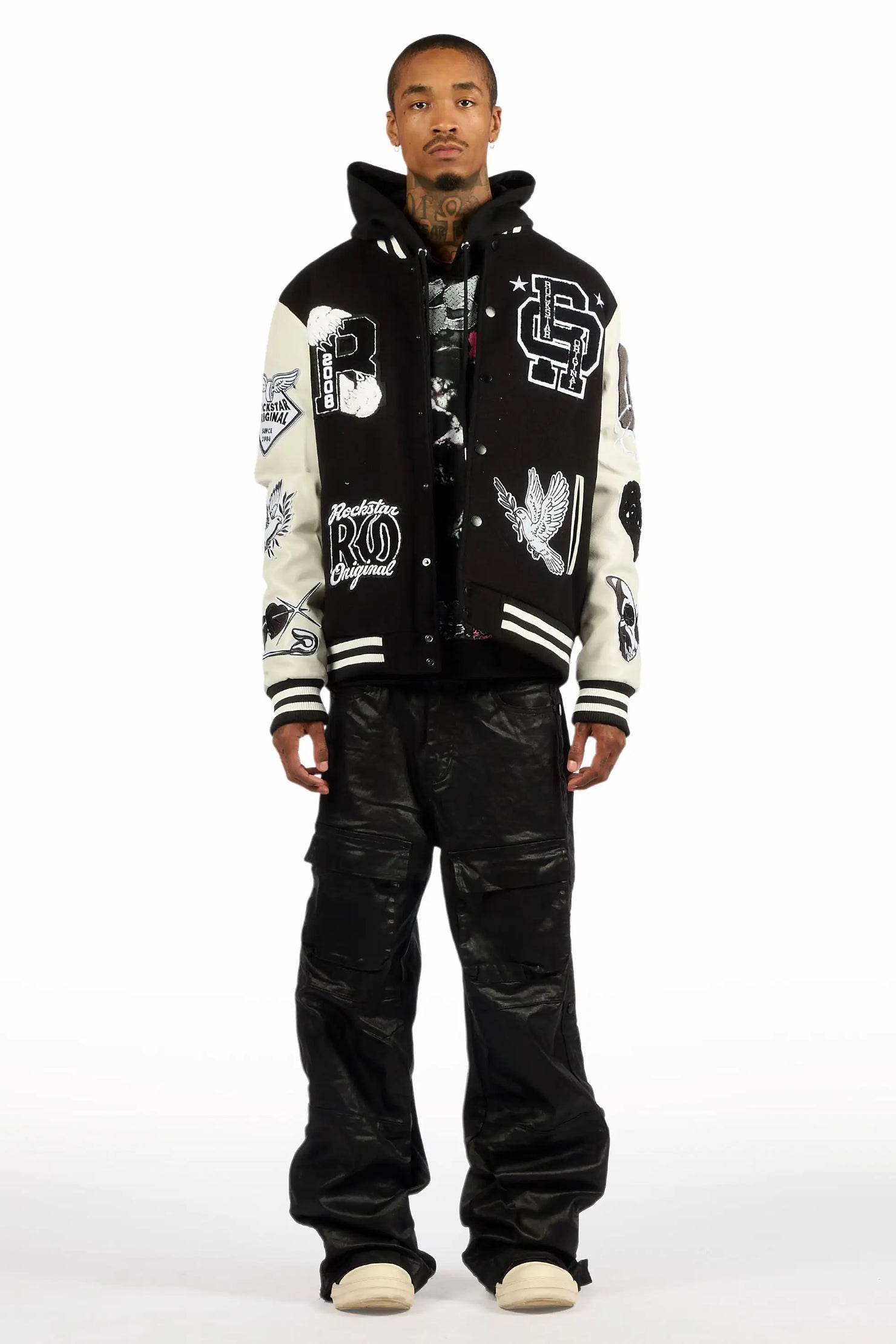 Yuri Black Baggy Cargo Flare Coated Pant