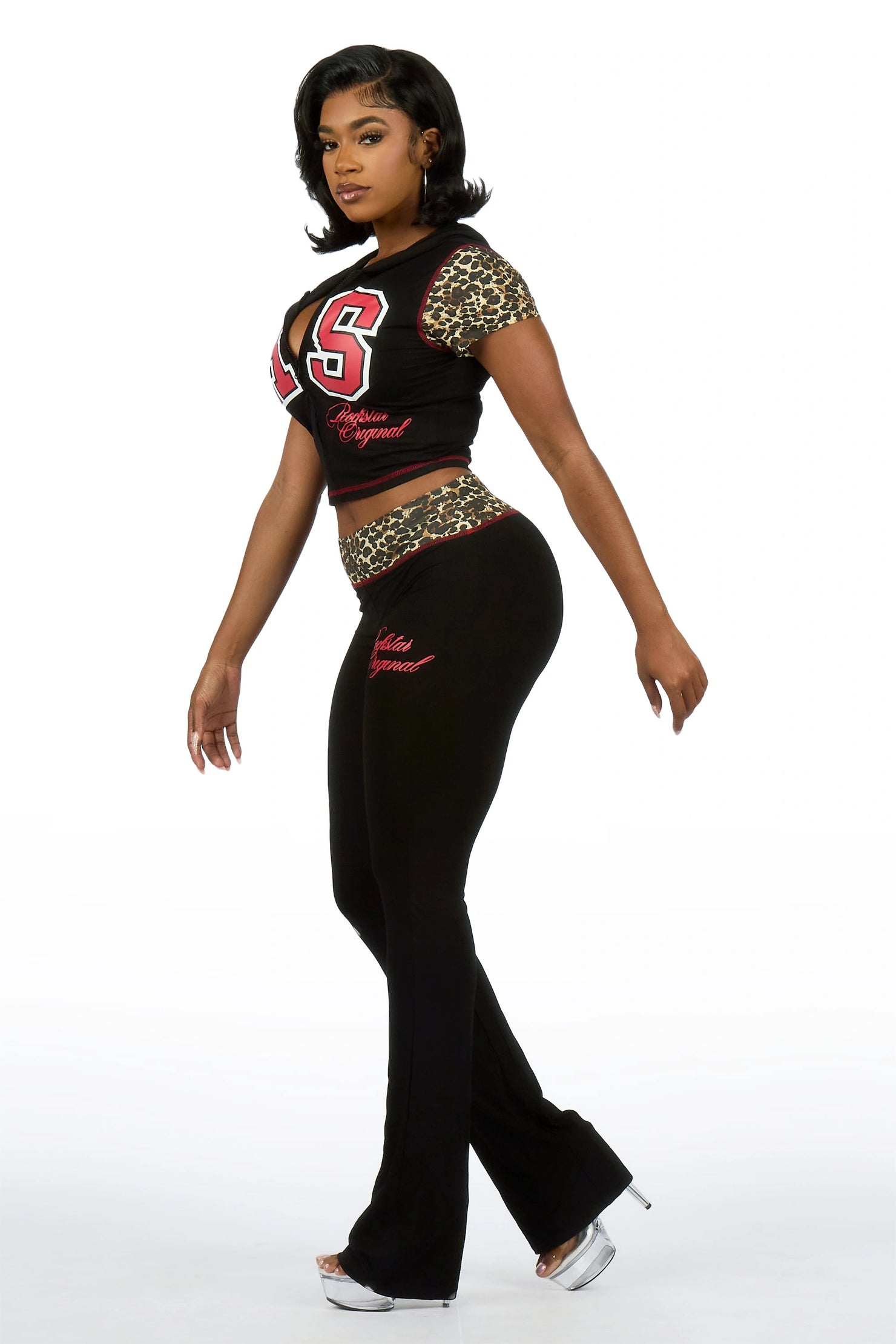 Kateya Black/Cheetah Short Sleeve Zip Up Track Set