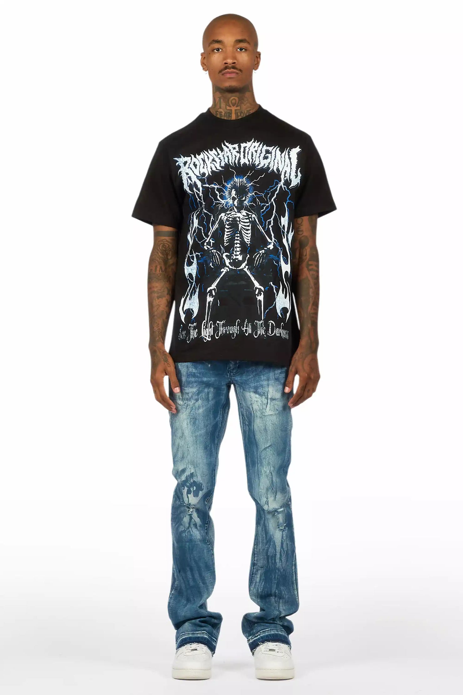 Inkspill Blue Oil Wash Stacked Flare Jean
