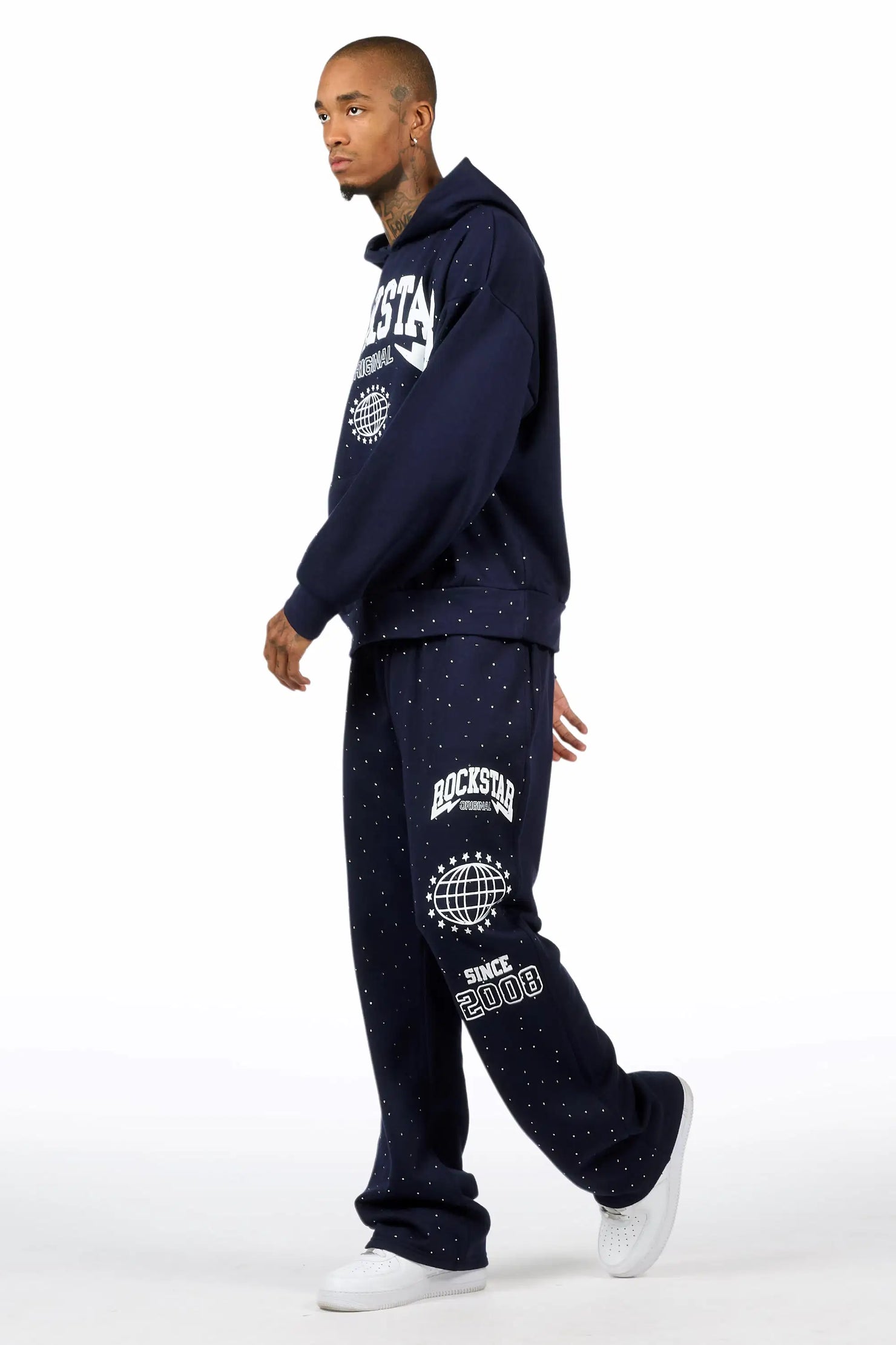 Stori Navy/White Rhinestone Hoodie Relaxed Track Set