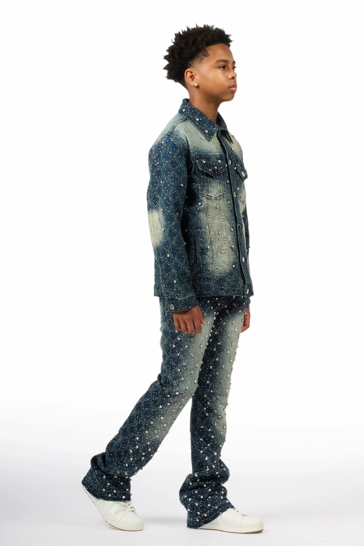 Boys Sareka Dark Wash Rhinestone Denim Jacket & Sareka Stacked Jean Set